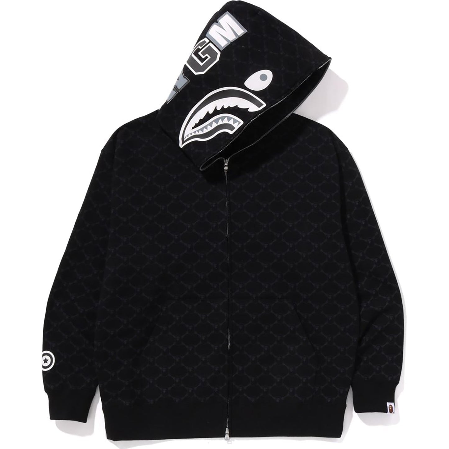 Sweat à capuche zippé intégral avec motif requin et monogramme universitaire, coupe décontractée, pour homme