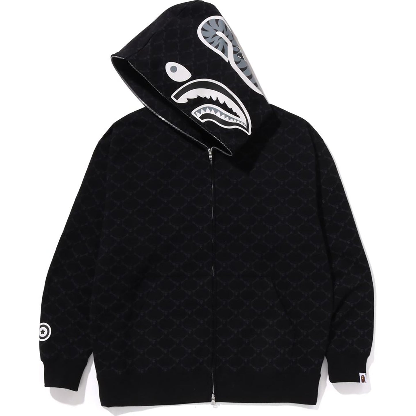 Sweat à capuche zippé intégral avec motif requin et monogramme universitaire, coupe décontractée, pour homme