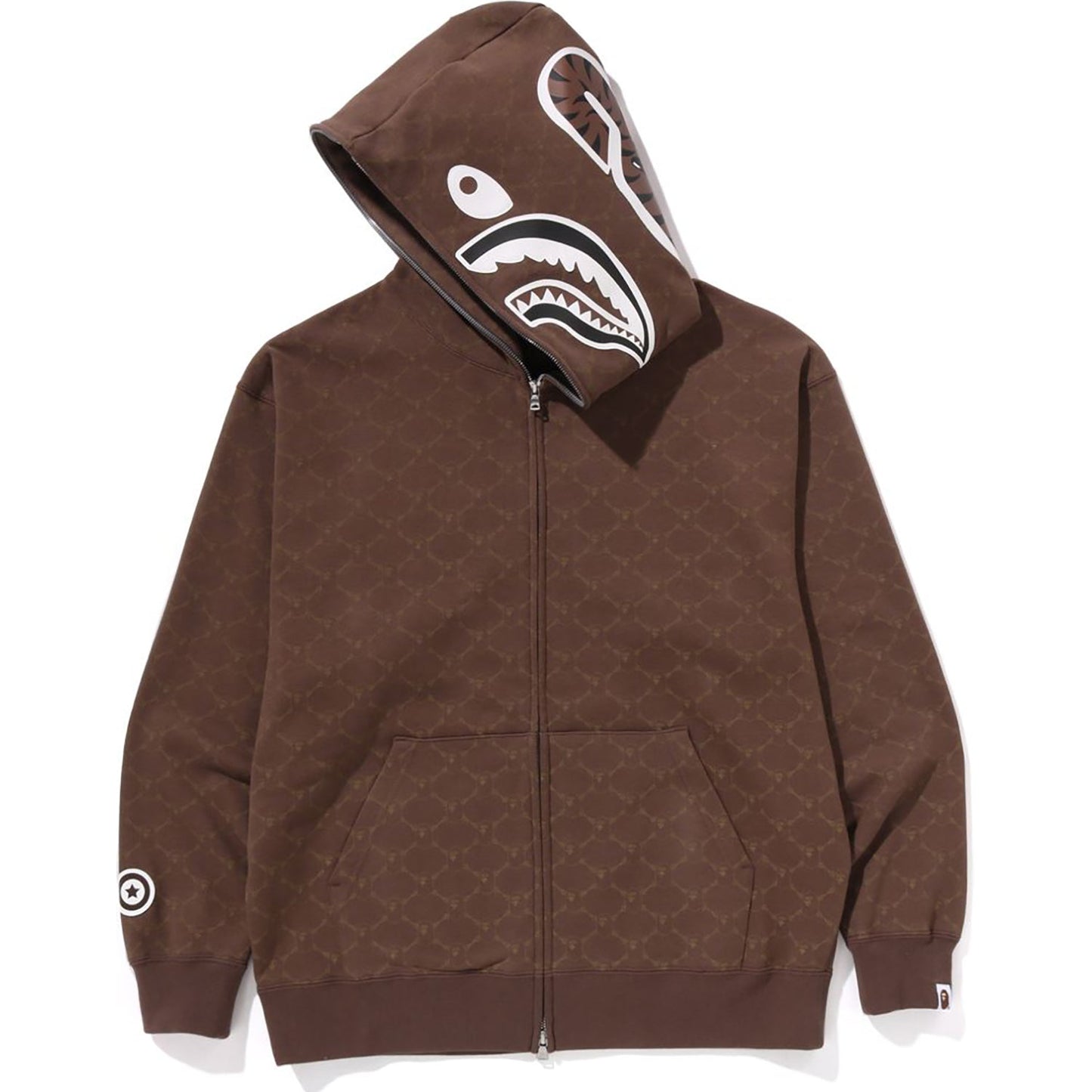 Sweat à capuche zippé intégral avec motif requin et monogramme universitaire, coupe décontractée, pour homme
