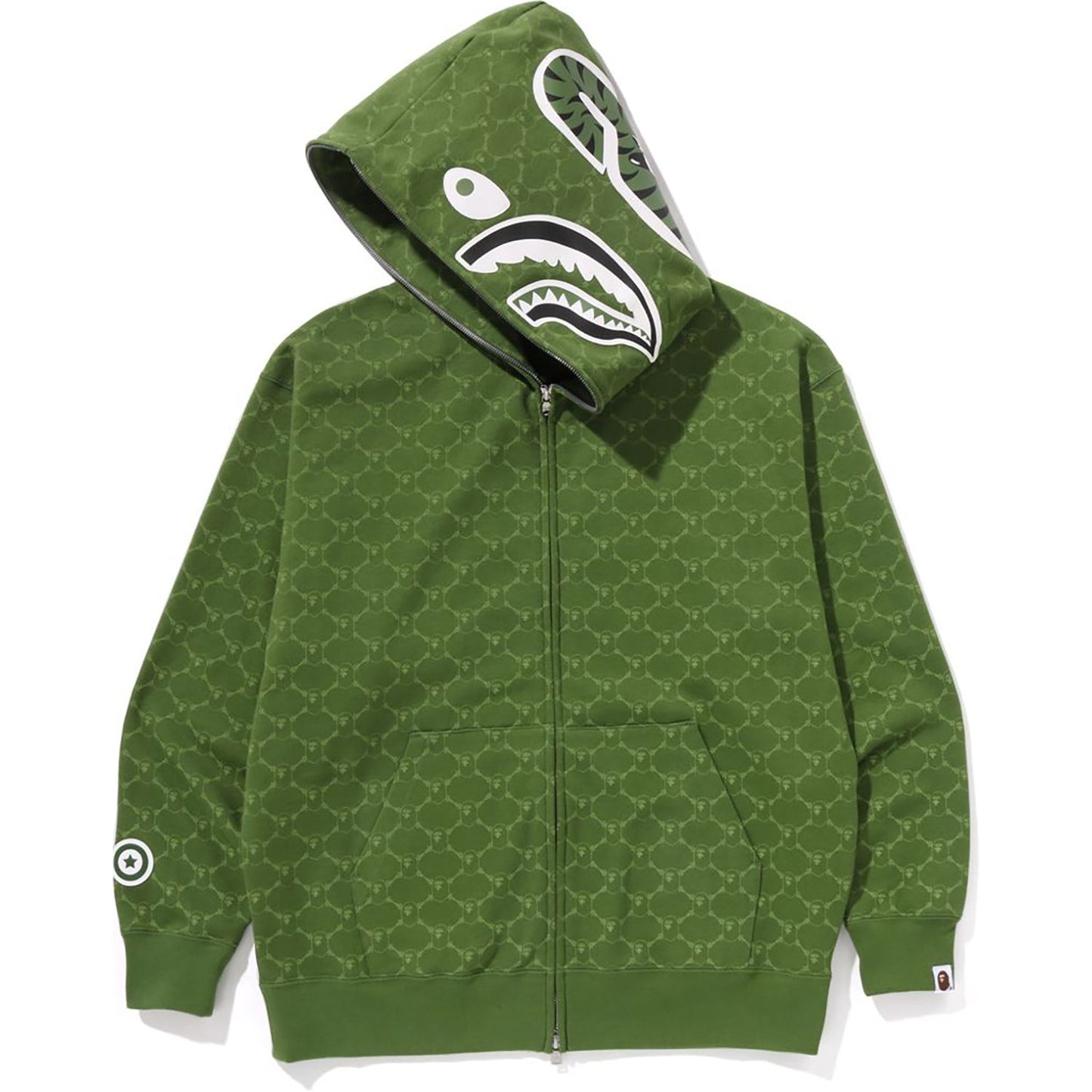 Sweat à capuche zippé intégral avec motif requin et monogramme universitaire, coupe décontractée, pour homme