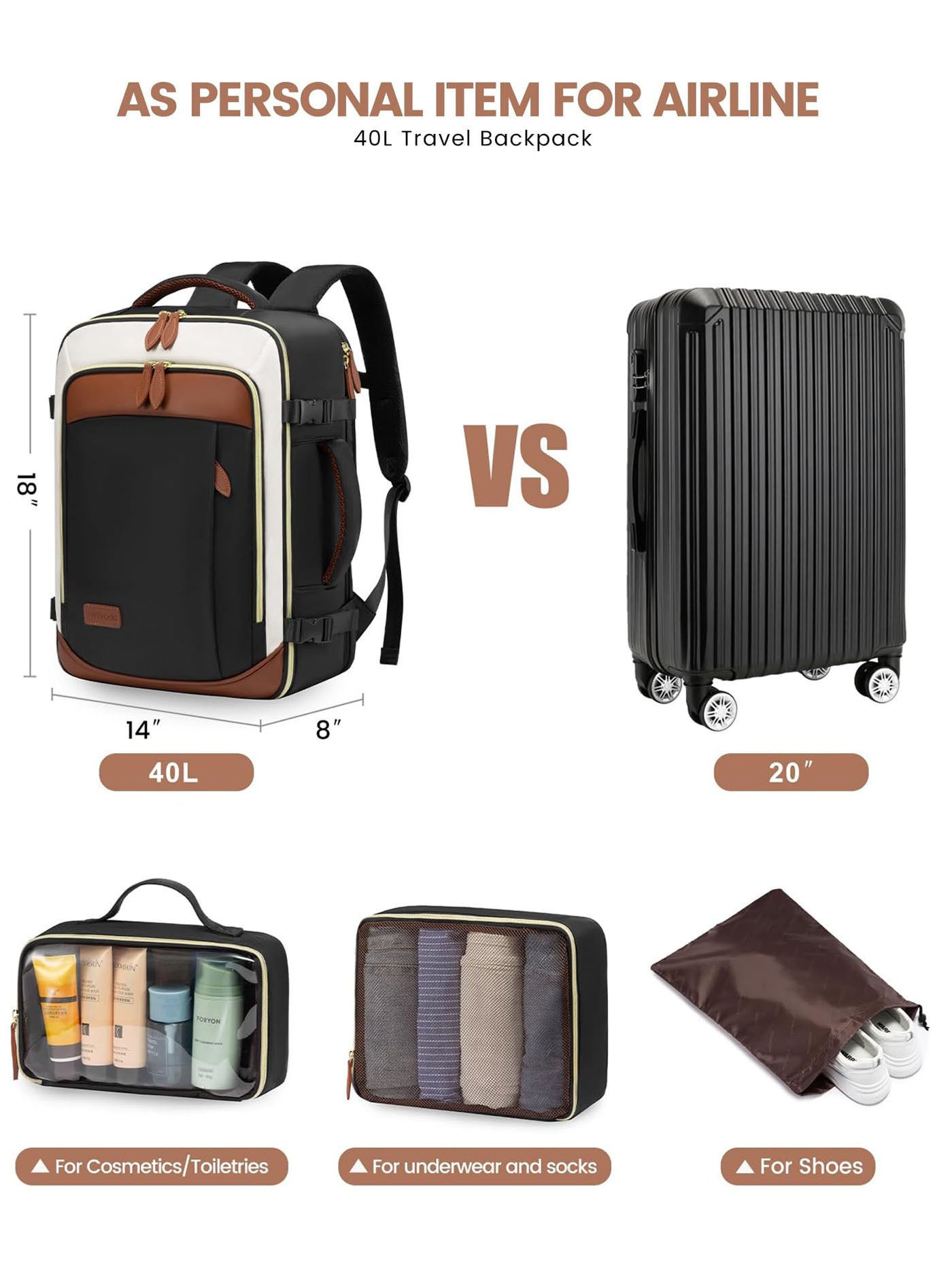 Sac à dos de voyage 4 pièces, 40 L/50 L