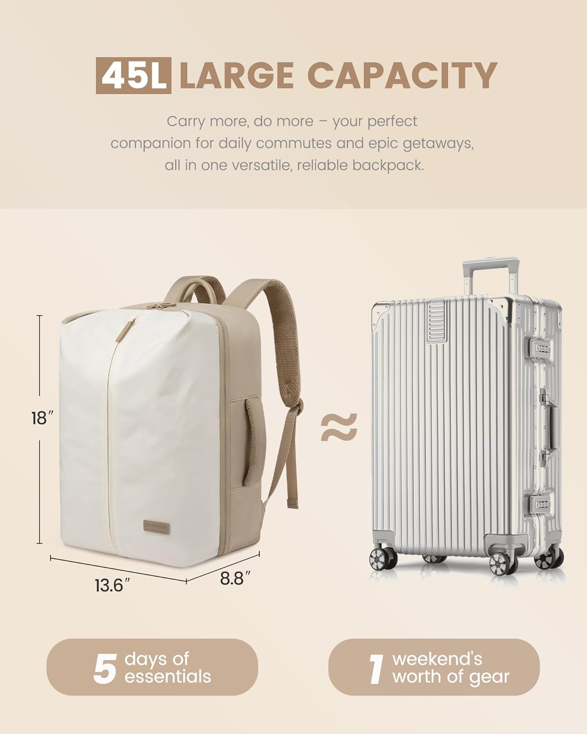 Sac à dos de voyage polyvalent et élégant, 45 L
