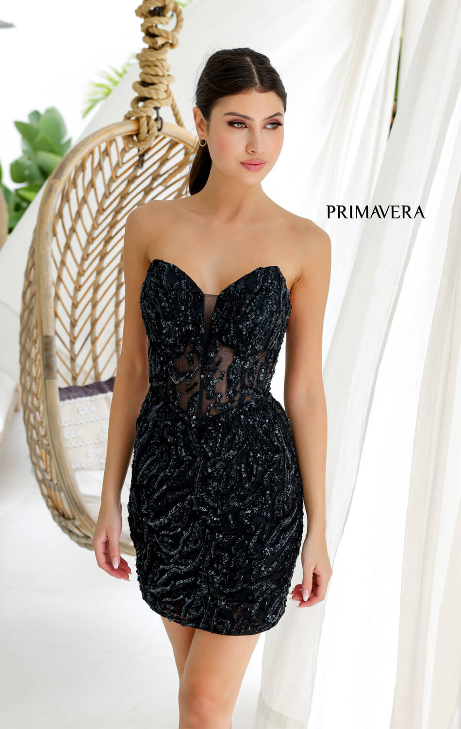 4222 - Primavera - Strapless Sequin Cocktail Dress with Illusion Bodice