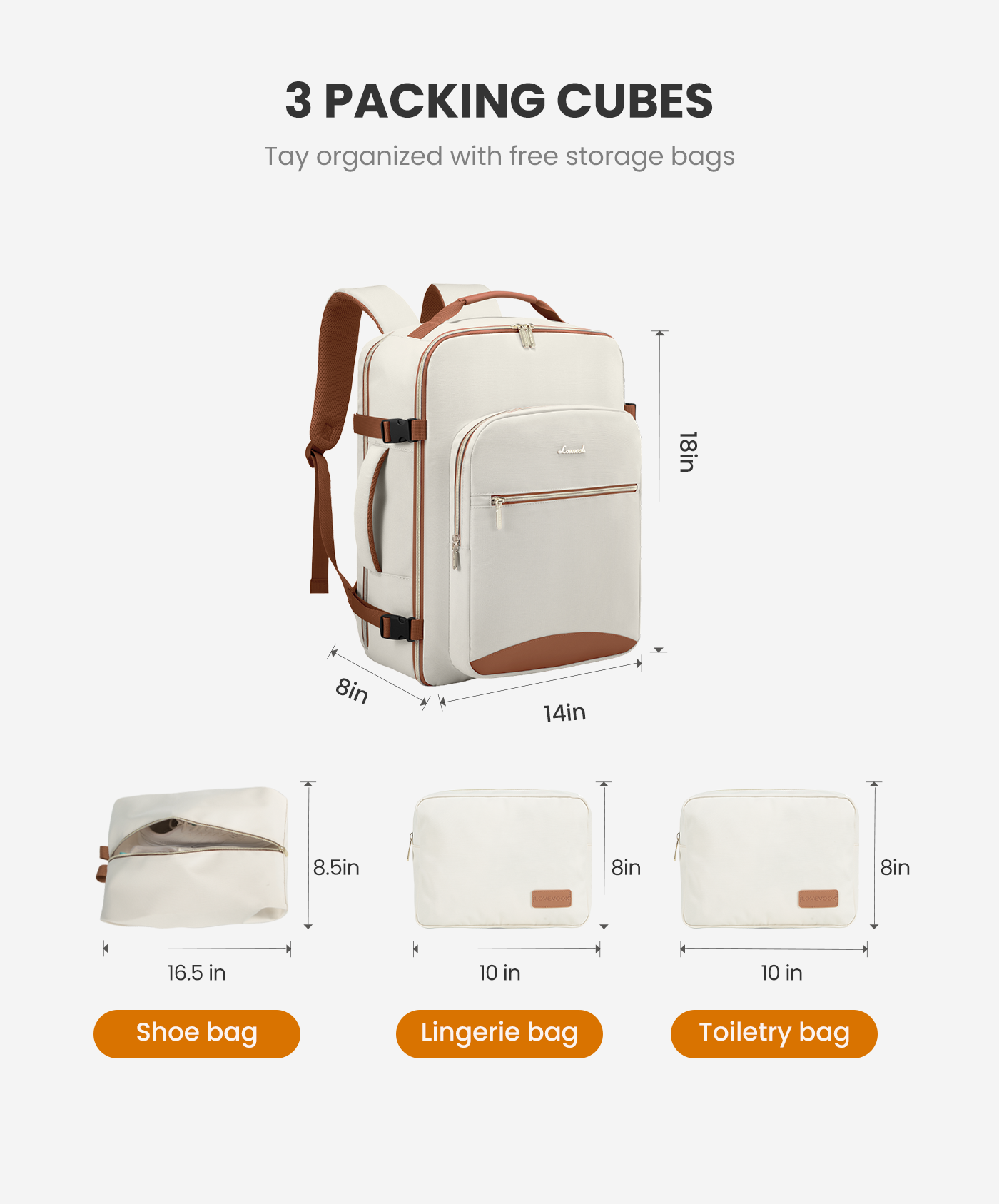Sac à dos de voyage Freyja pour ordinateur portable, 40/50 L, 4 pièces, 17/18
