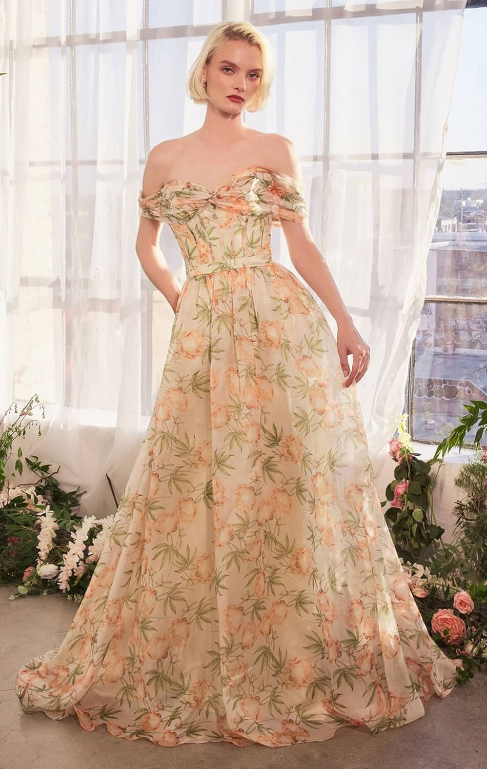 A1466 - FLORAL PRINTED OFF THE SHOULDER A-LINE DRESS - Andrea & Leo