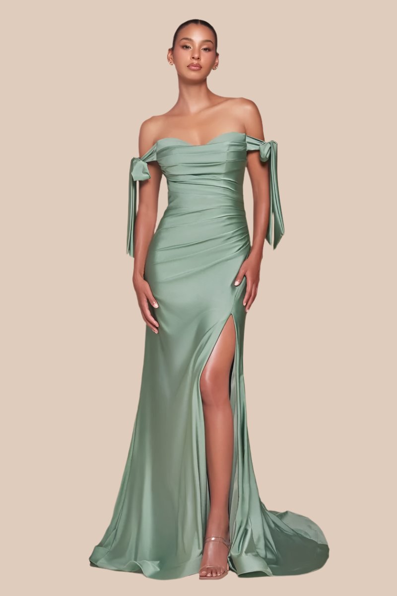 Amber Gown - Dark Sage - Off Shoulder Stretch Spandex Satin Dress With Ties