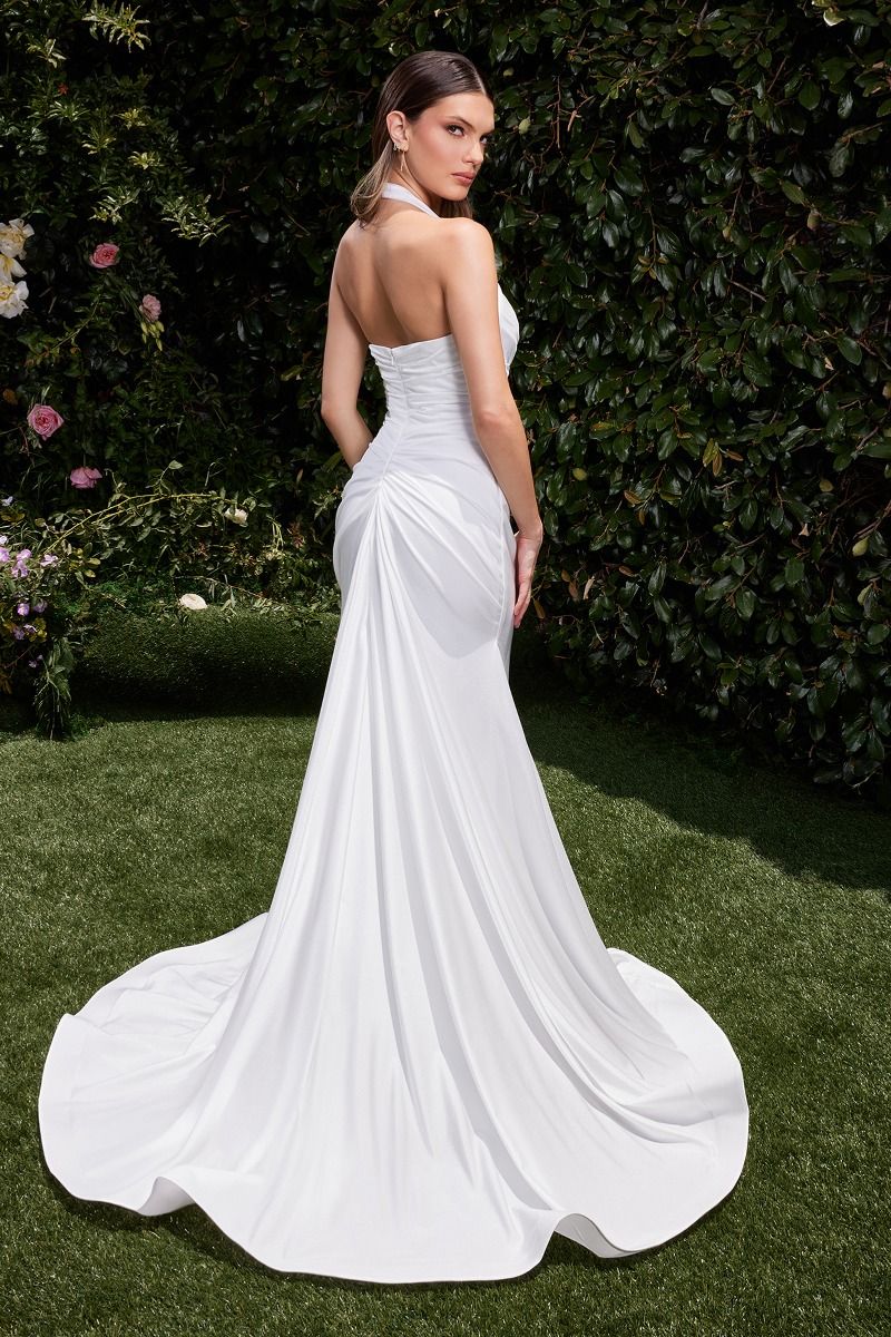 AUTUMN GOWN - OFF WHITE - STRETCH SPANDEX SATIN HALTER FITTED DRESS