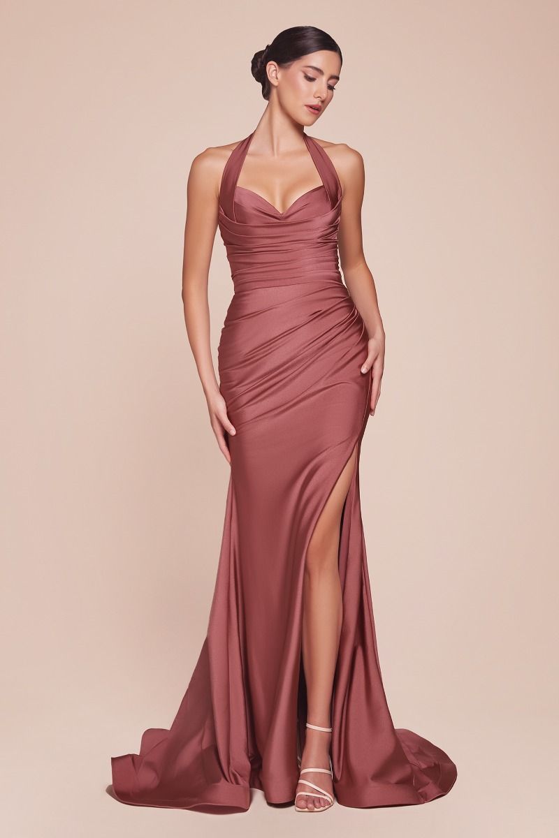 AUTUMN GOWN - SIENNA ROSE - STRETCH SPANDEX SATIN HALTER FITTED DRESS