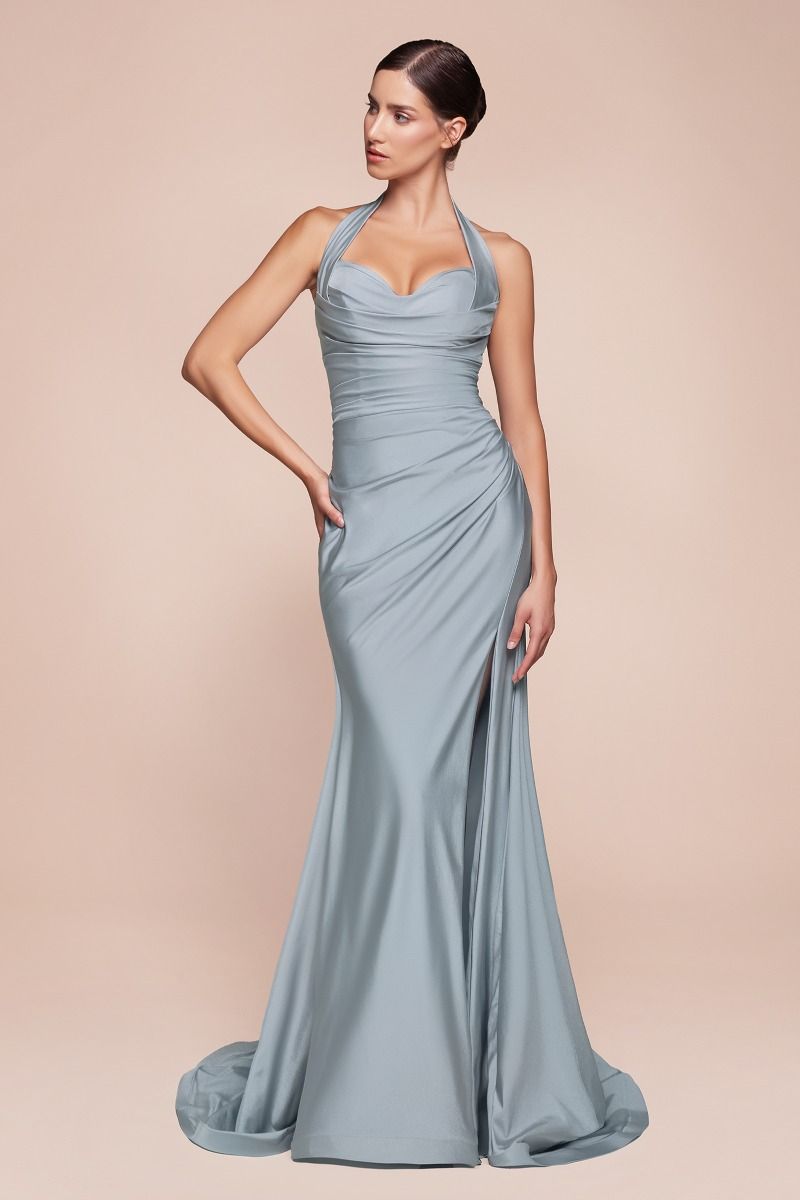 AUTUMN GOWN - DUSTY BLUE - STRETCH SPANDEX SATIN HALTER FITTED DRESS