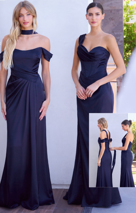Emerson Gown – Marineblau – Schulterfreies, geschnürtes Korsett-Luxus-Satinkleid