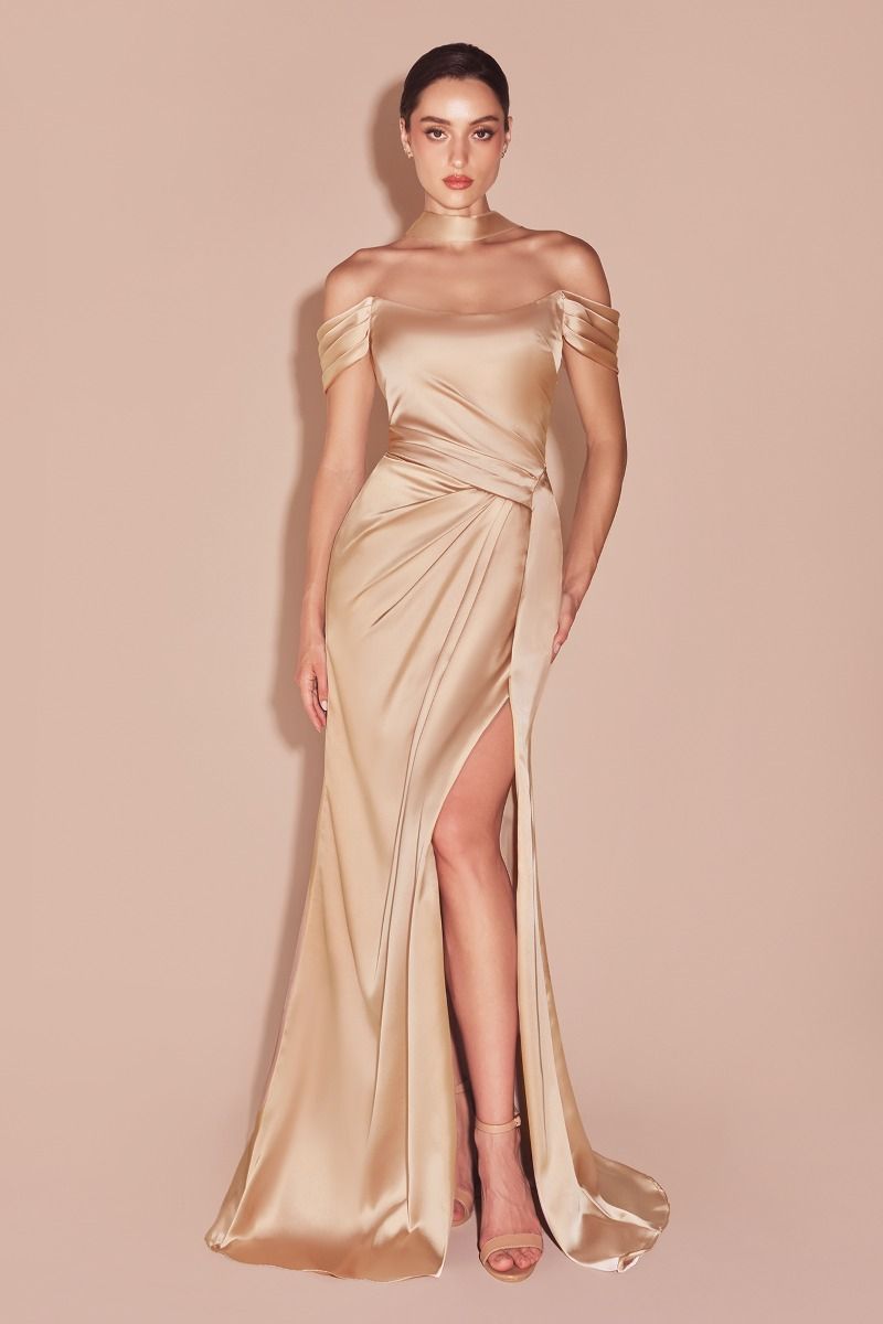 Emerson Gown - Champagne - OFF THE SHOULDER LACE UP CORSET LUXE SATIN GOWN
