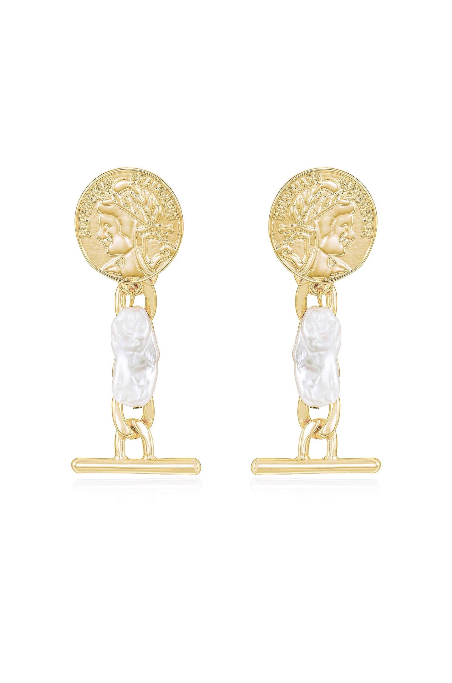 Ancient Coin and Pearl Charm Drop Earrings