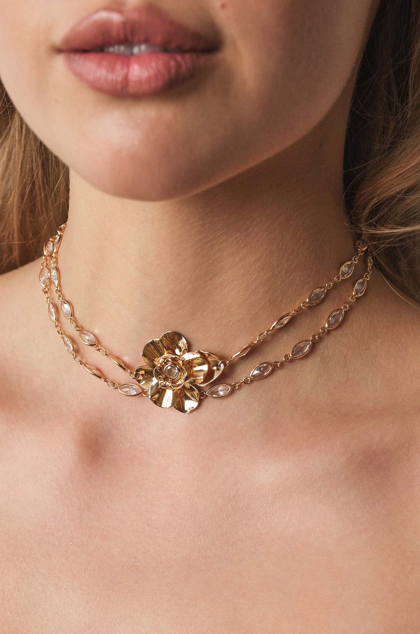 Bezel Crystal Layered Flower Necklace