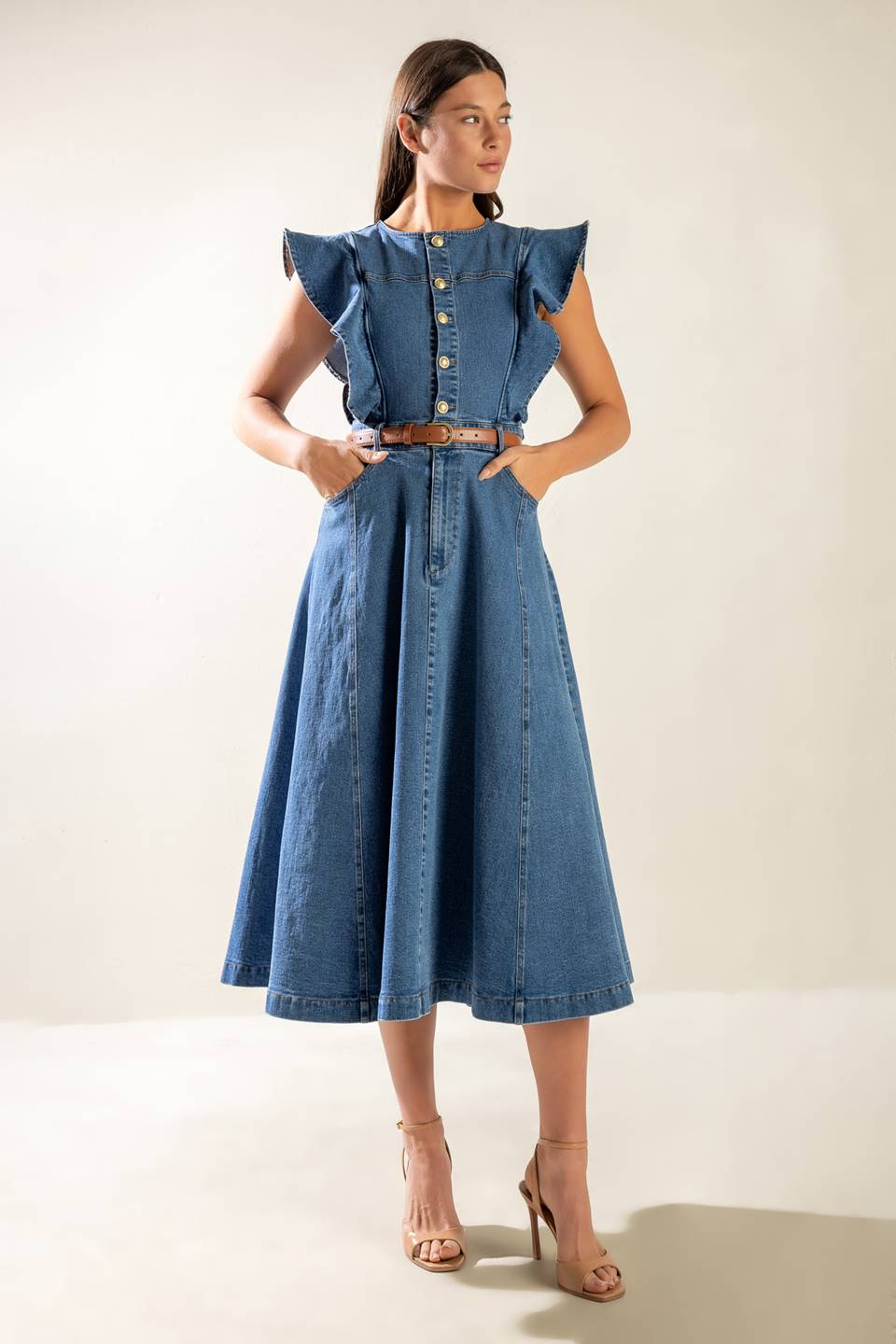 Size Small, MY DEBUT - INDIGO - RUFFLE SLEEVE DENIM MIDI DRESS - FINAL SALE