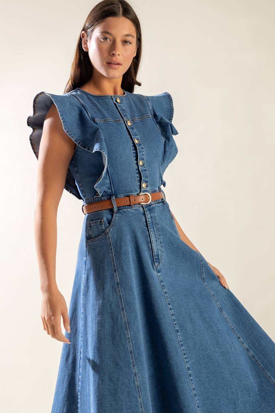 Size Small, MY DEBUT - INDIGO - RUFFLE SLEEVE DENIM MIDI DRESS - FINAL SALE