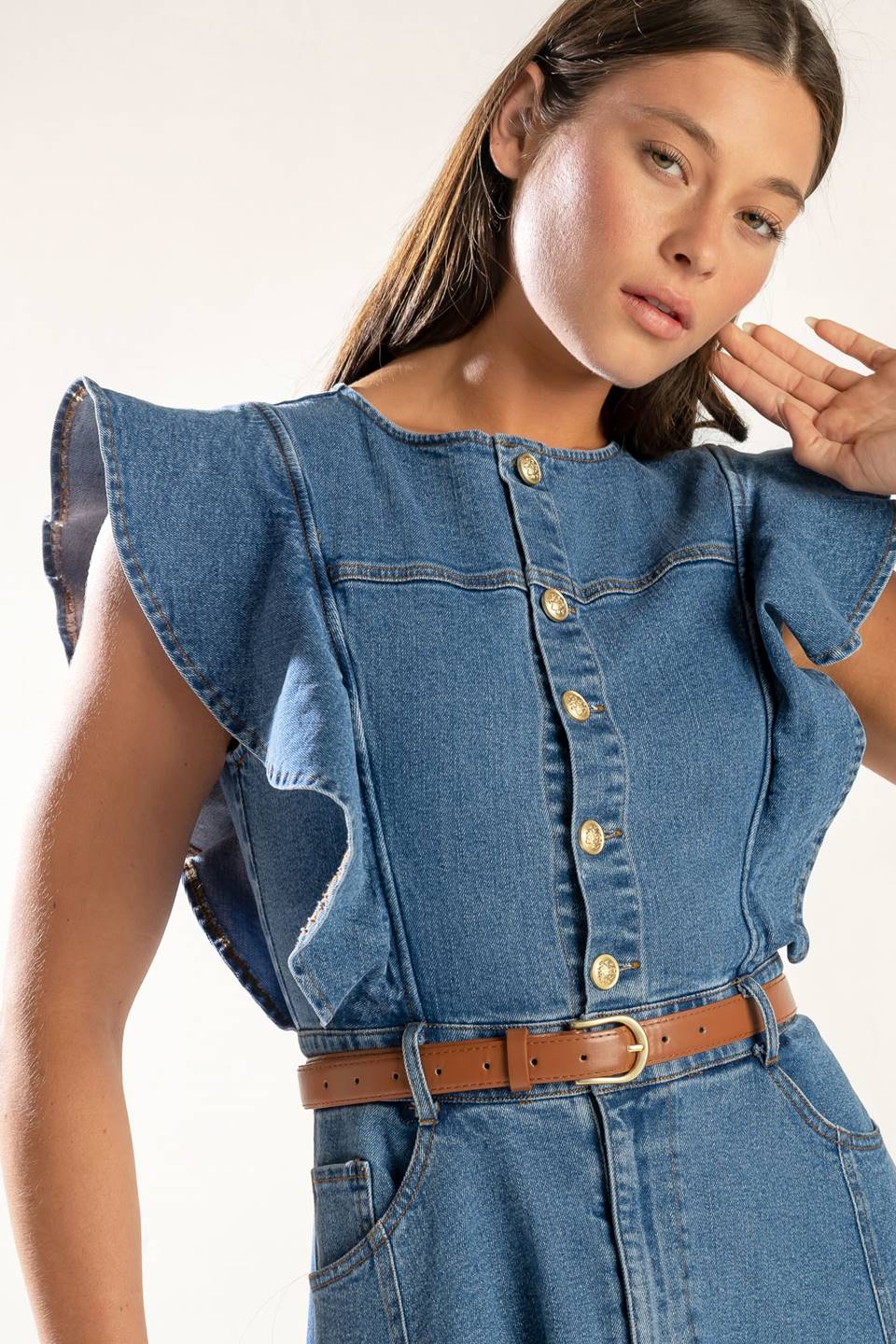 Size Small, MY DEBUT - INDIGO - RUFFLE SLEEVE DENIM MIDI DRESS - FINAL SALE