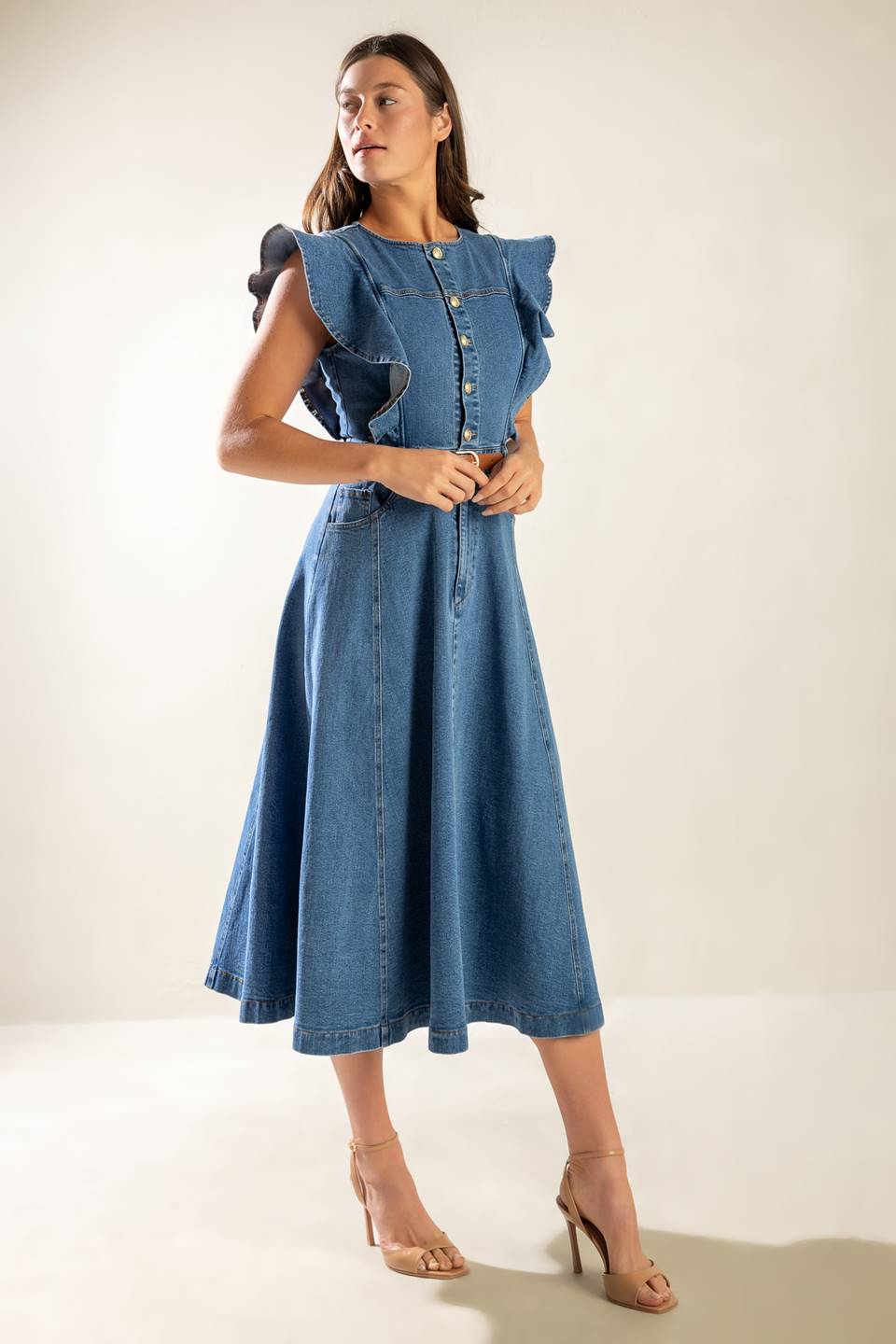 Size Small, MY DEBUT - INDIGO - RUFFLE SLEEVE DENIM MIDI DRESS - FINAL SALE
