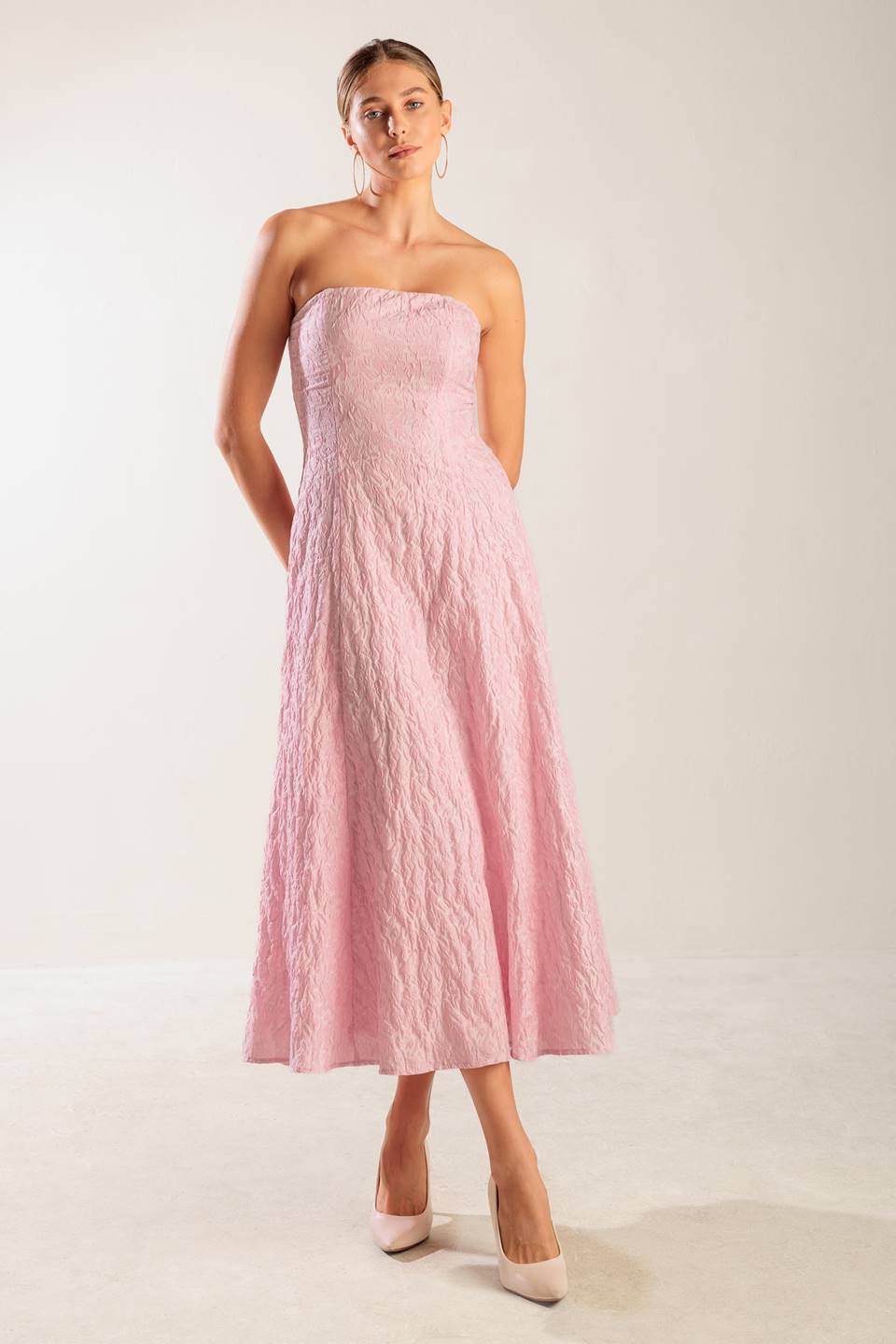 Size Medium, ROLL WITH IT PINK WOVEN MIDI DRESS - FINAL SALE