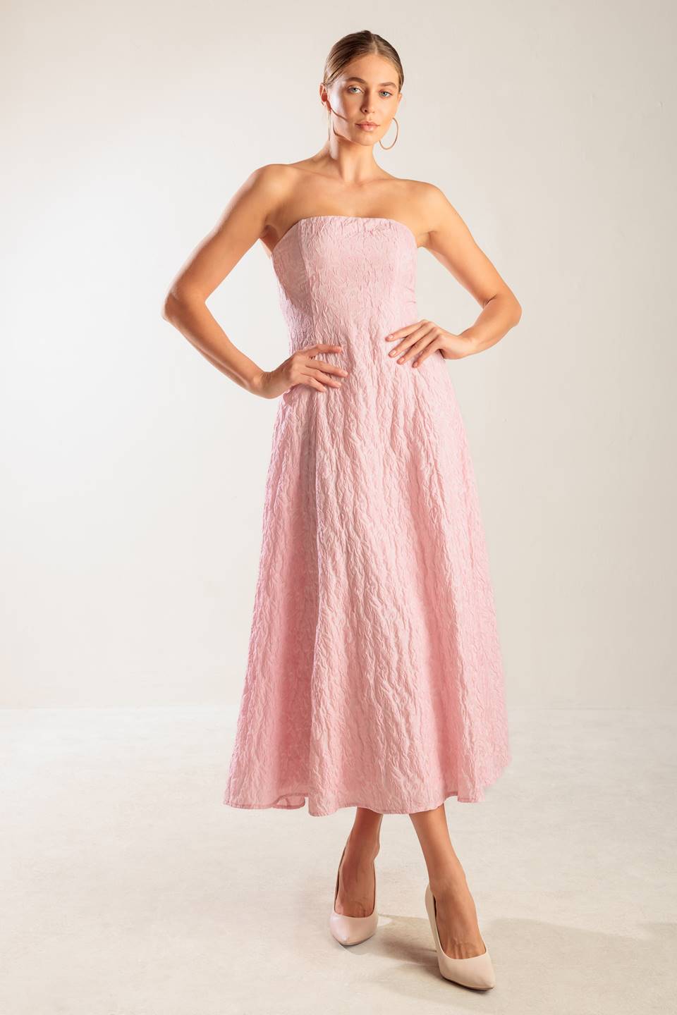 Size Medium, ROLL WITH IT PINK WOVEN MIDI DRESS - FINAL SALE