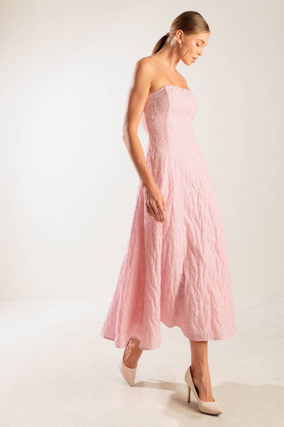 Size Medium, ROLL WITH IT PINK WOVEN MIDI DRESS - FINAL SALE