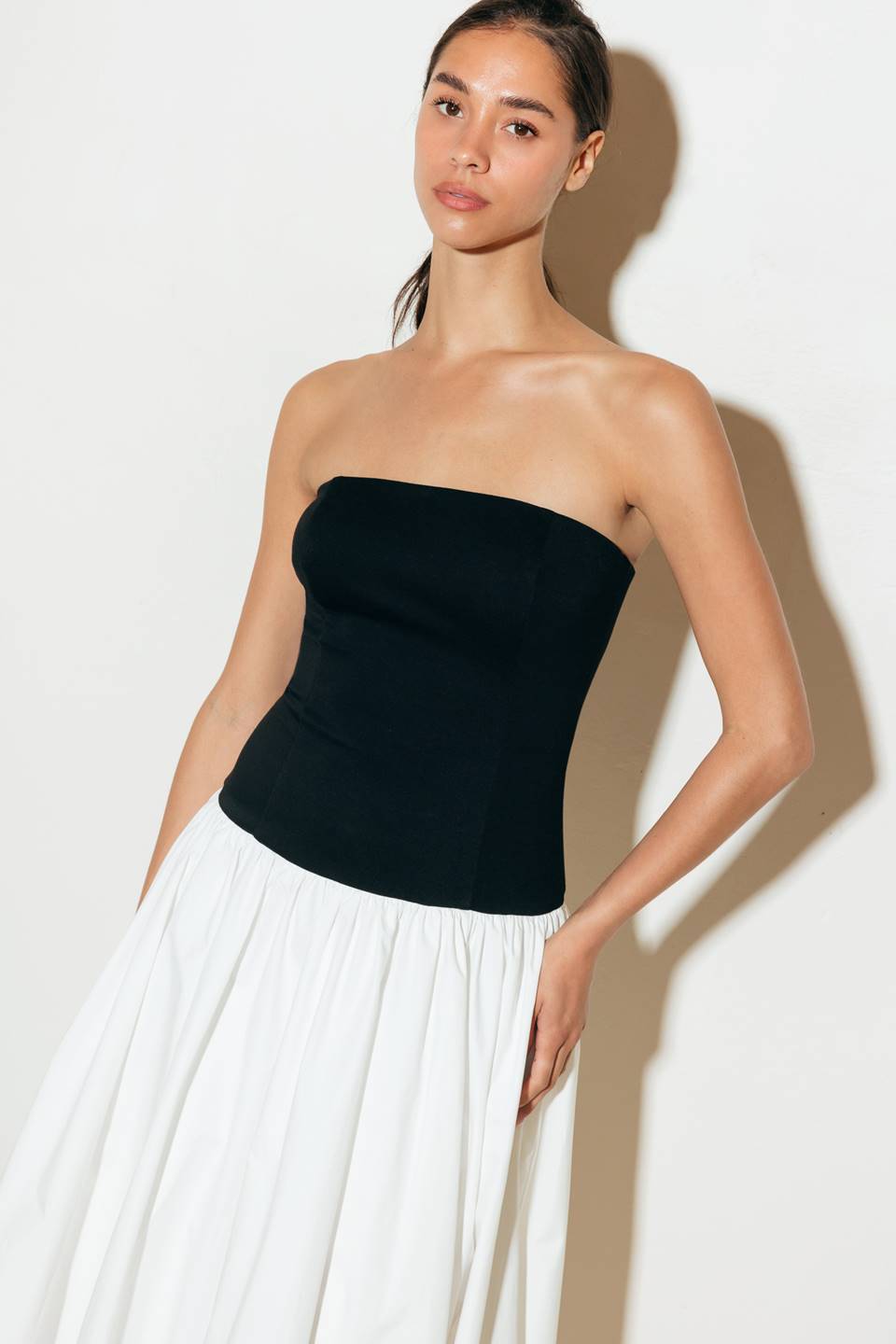 Size Small, SHIFT STUDIO BLACK & WHITE STRAPLESS MIDI DRESS - FINAL SALE