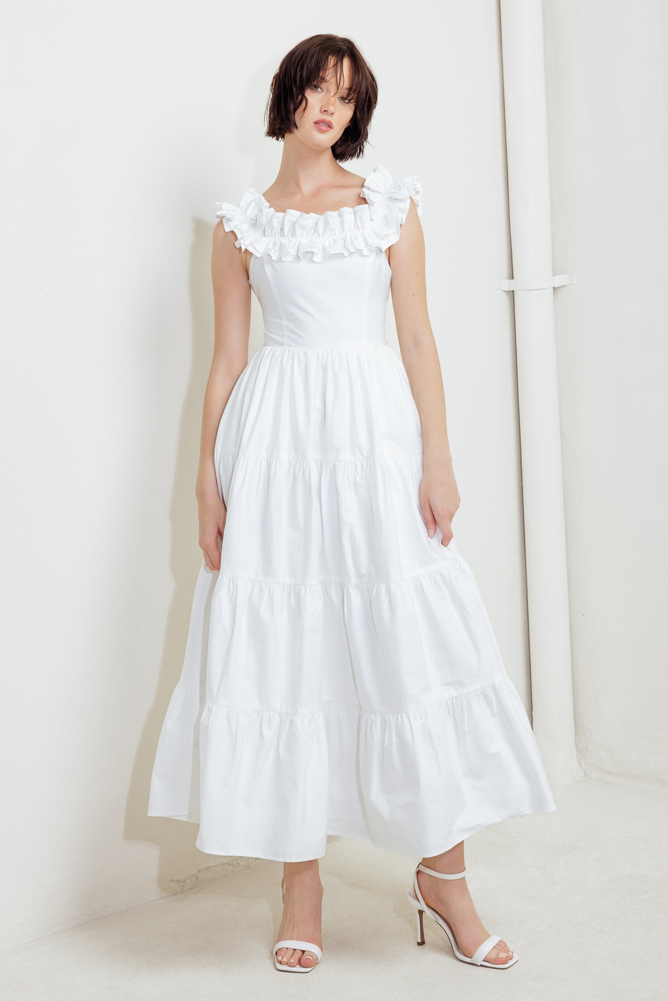 ROMA RUFFLED MIDI DRESS - WHITE