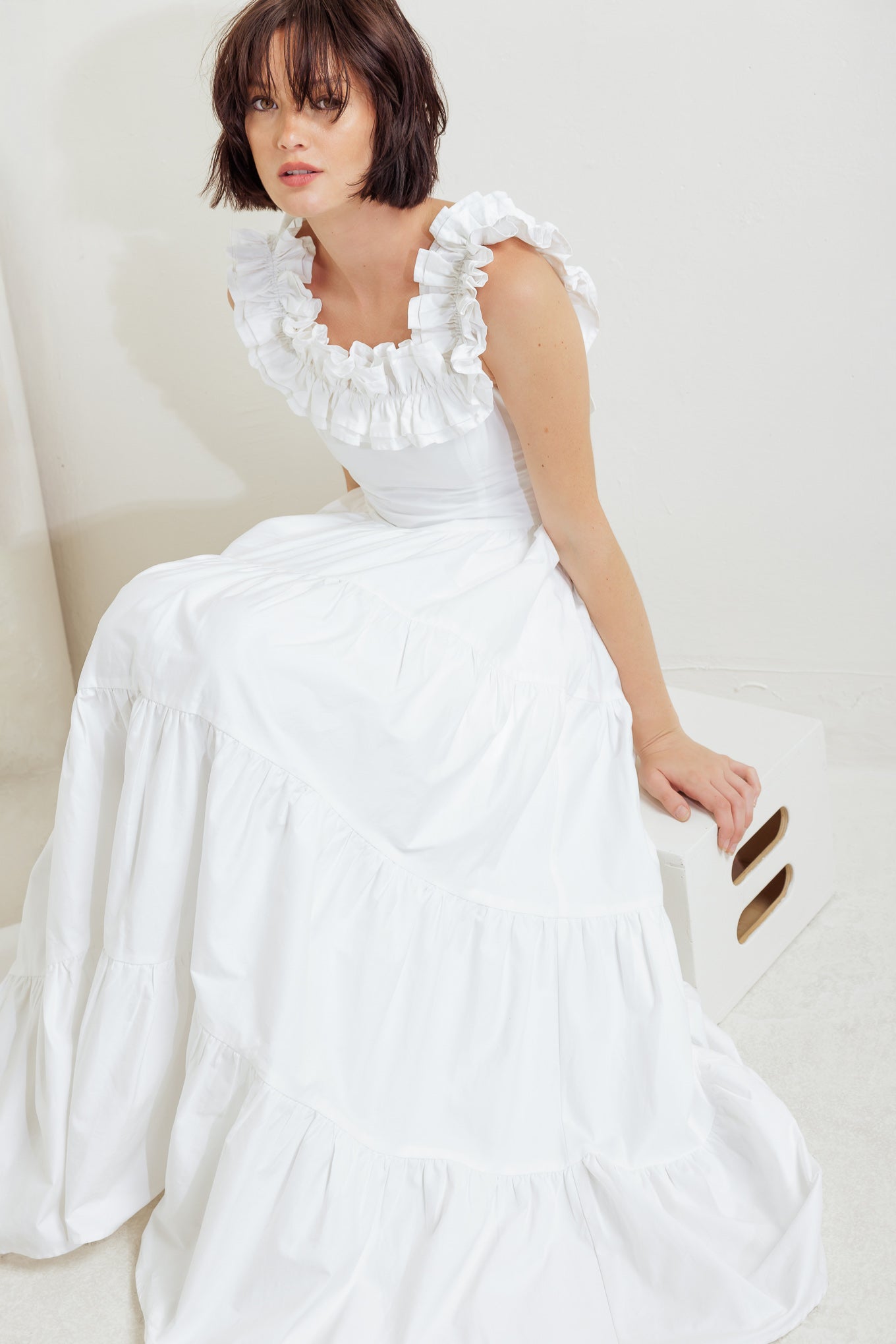 ROMA RUFFLED MIDI DRESS - WHITE