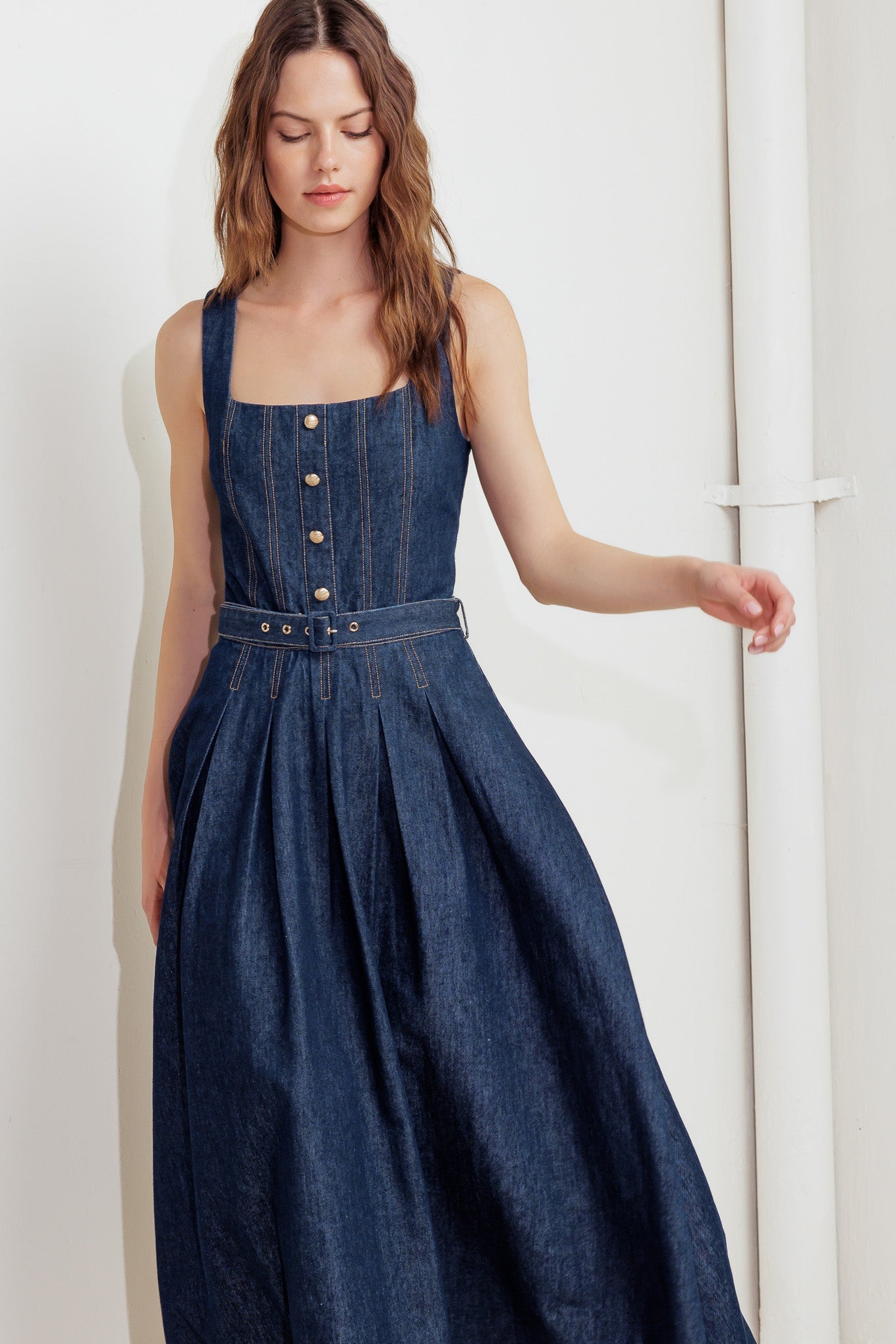 MOONLIGHT SERENADE DARK DENIM MIDI DRESS