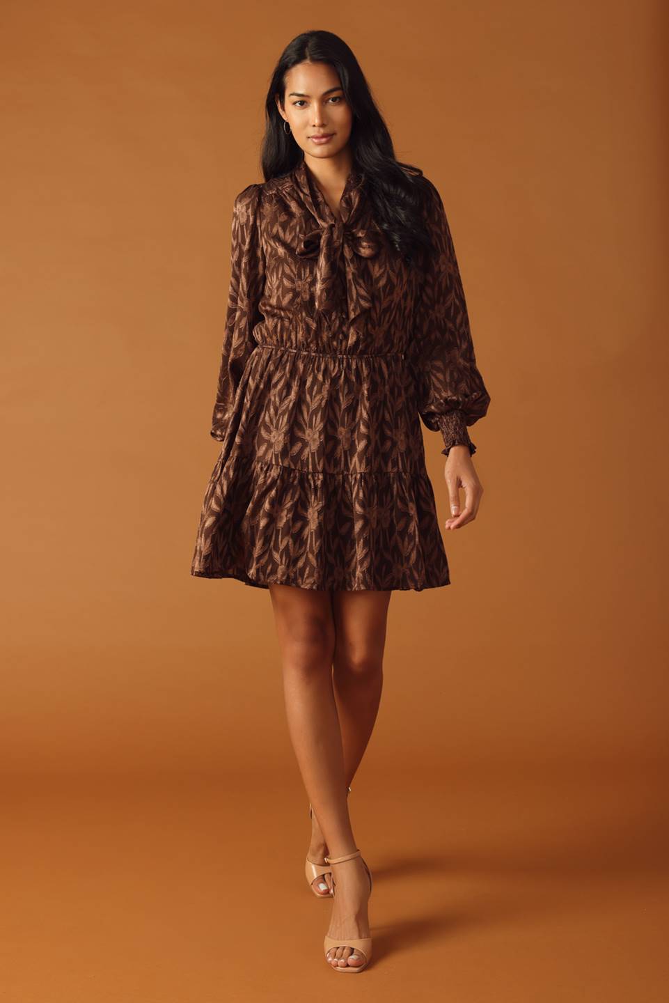 FALLING LEAVES - BROWN - LONG SLEEVE MINI DRESS