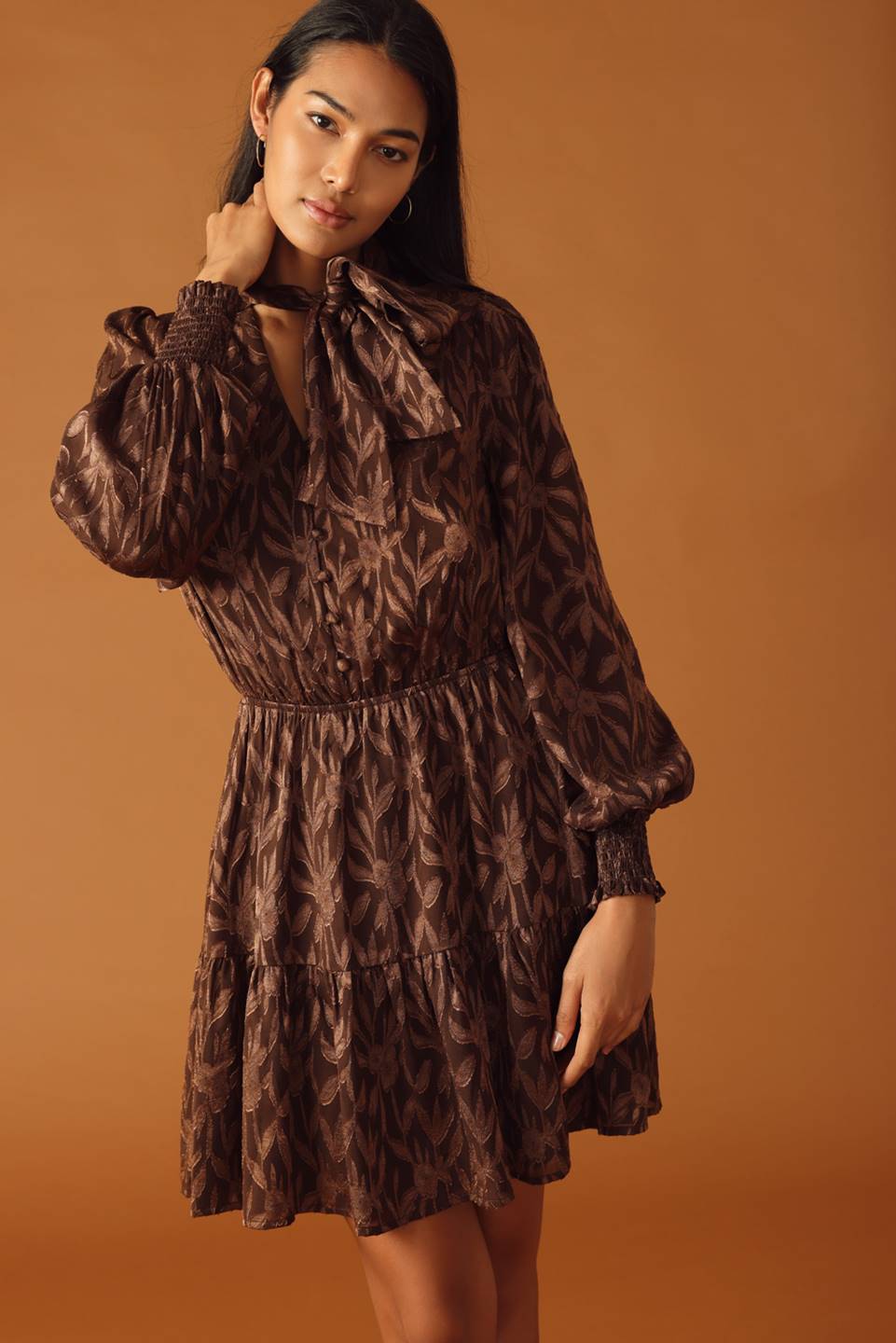 FALLING LEAVES - BROWN - LONG SLEEVE MINI DRESS