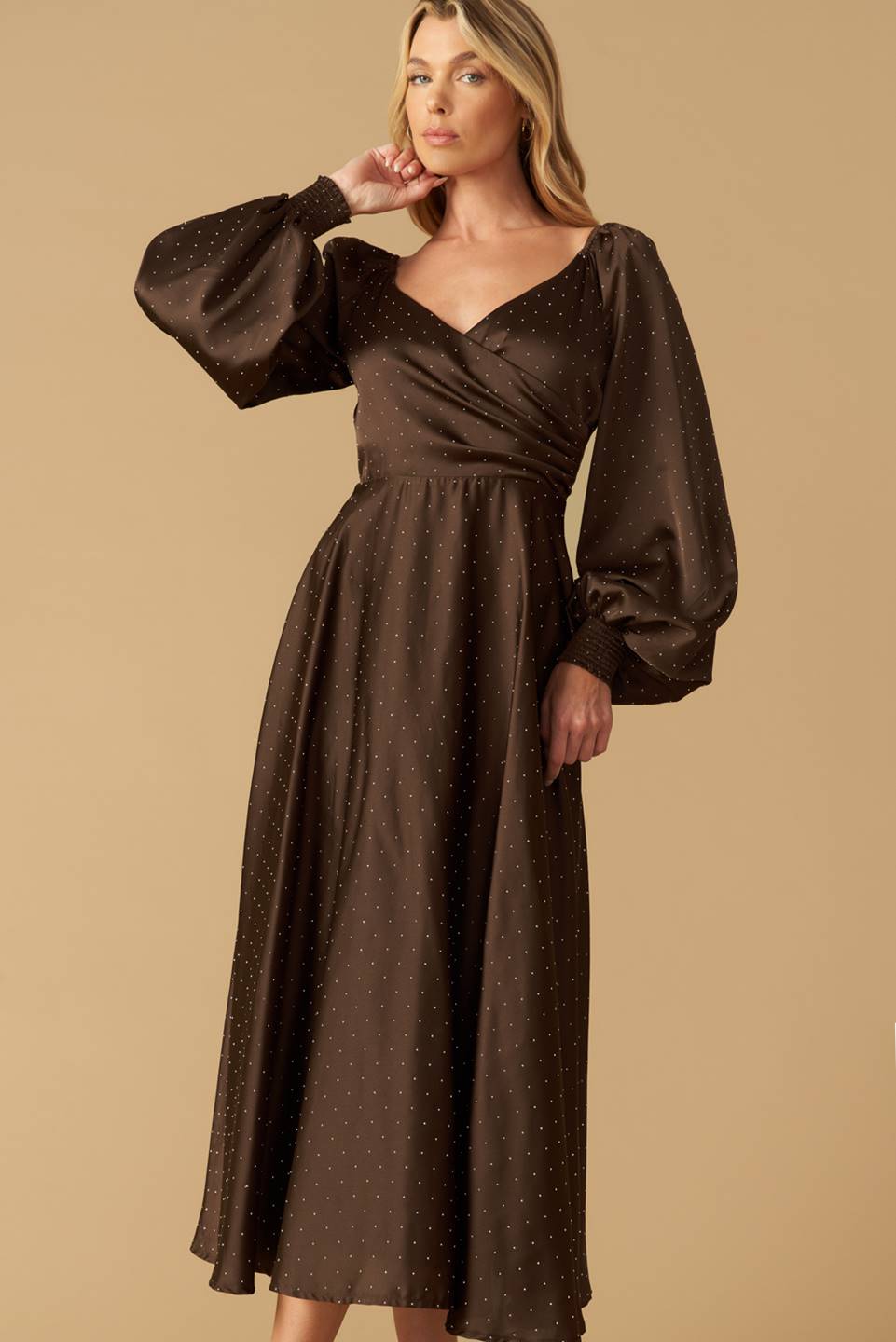 Size Large, ROMANTIC LOVE - BROWN - LONG SLEEVE MIDI DRESS - FINAL SALE