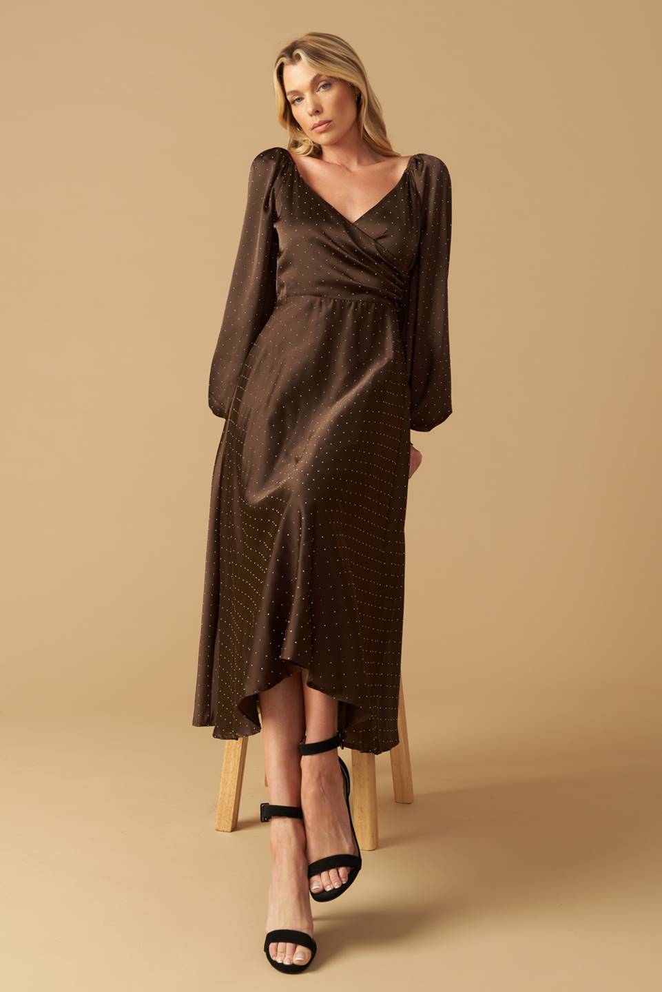 Size Large, ROMANTIC LOVE - BROWN - LONG SLEEVE MIDI DRESS - FINAL SALE