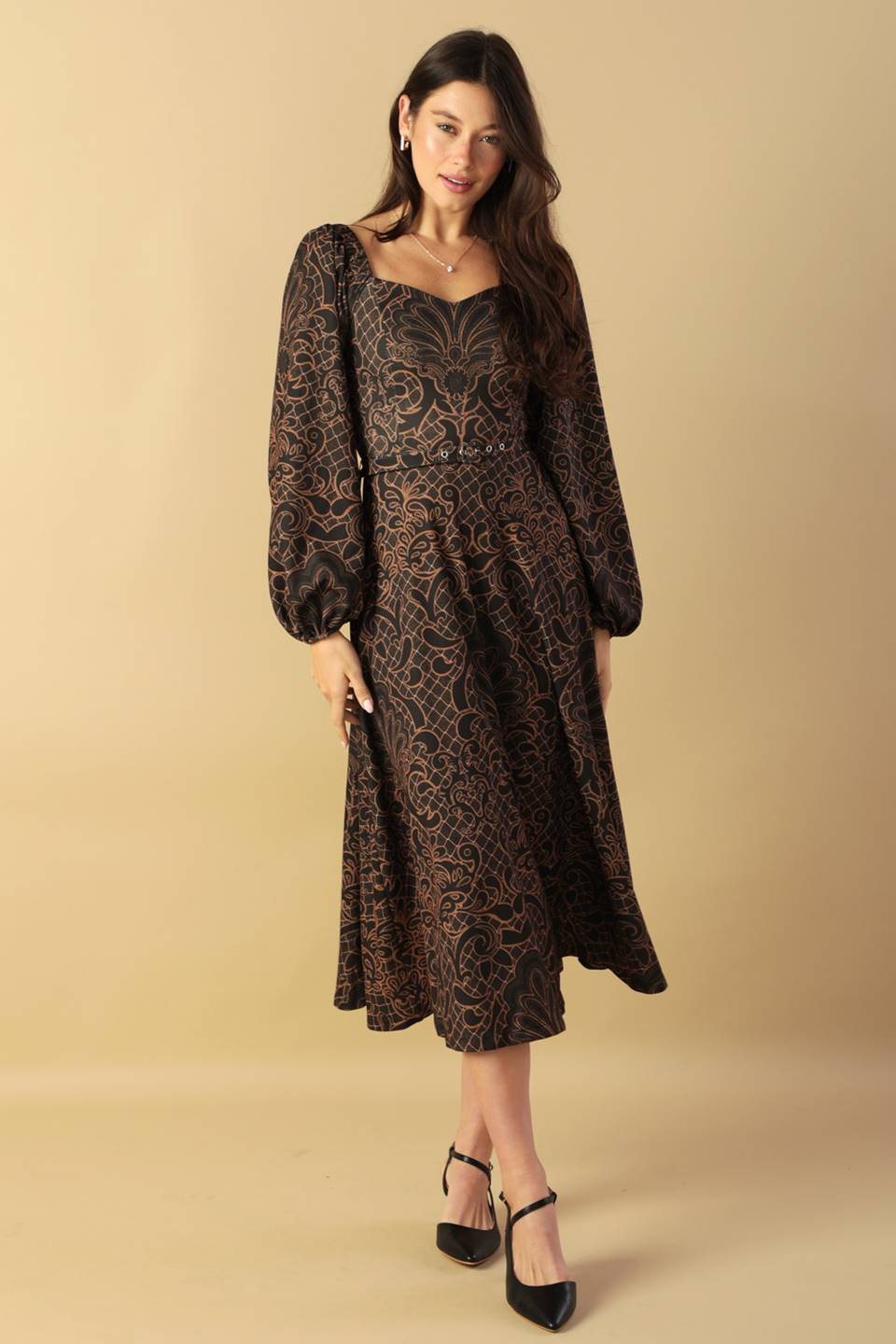 RUSTIC ALLURE MIDI DRESS - BROWN