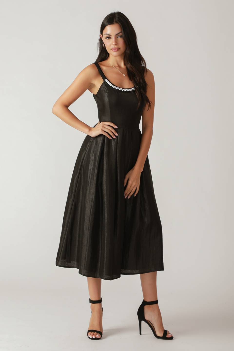 PEARL TRIM BLACK SATIN MIDI DRESS