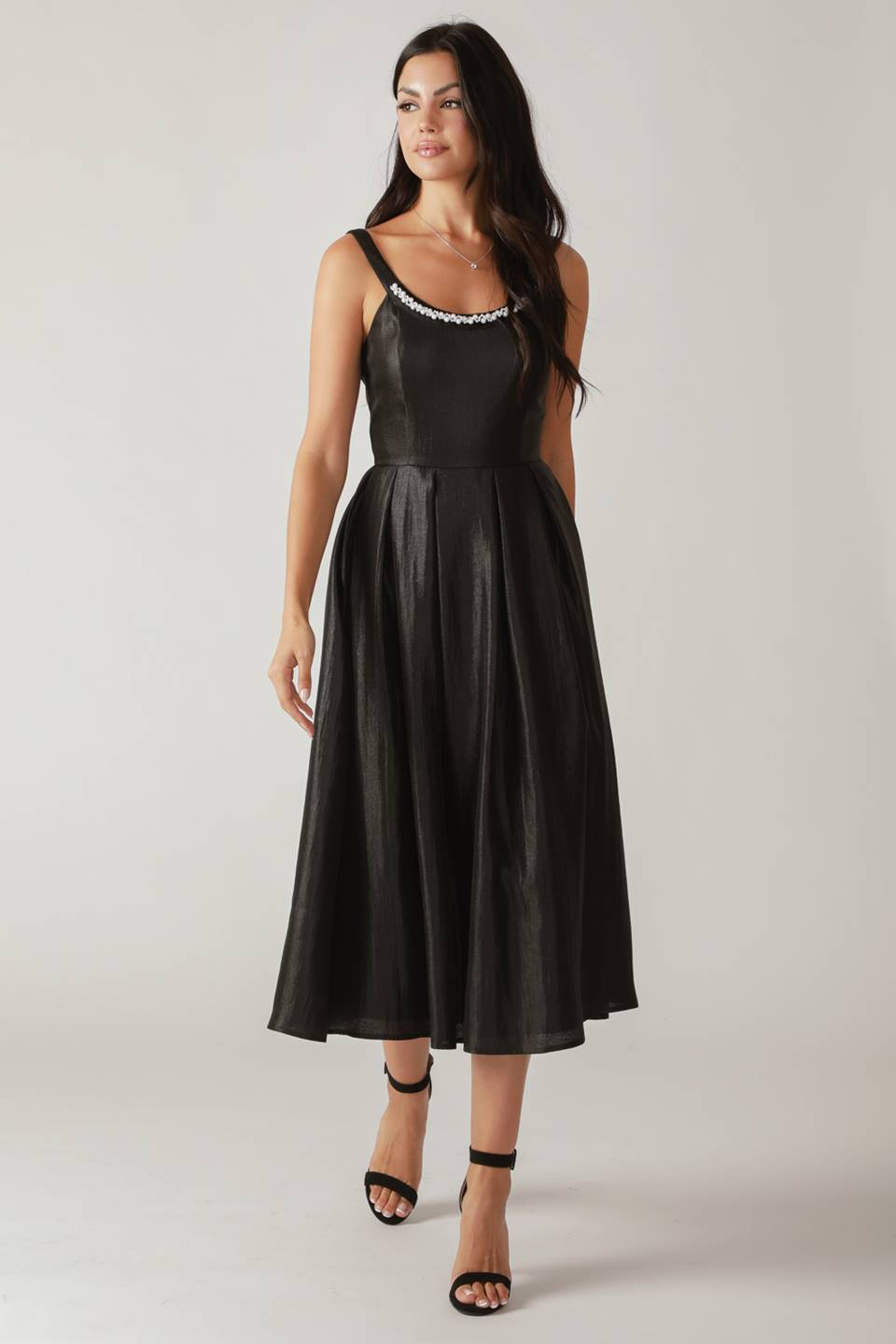 PEARL TRIM BLACK SATIN MIDI DRESS