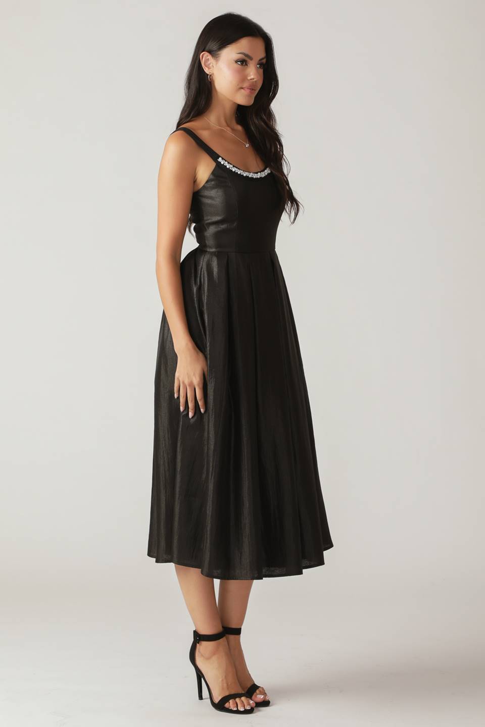 PEARL TRIM BLACK SATIN MIDI DRESS