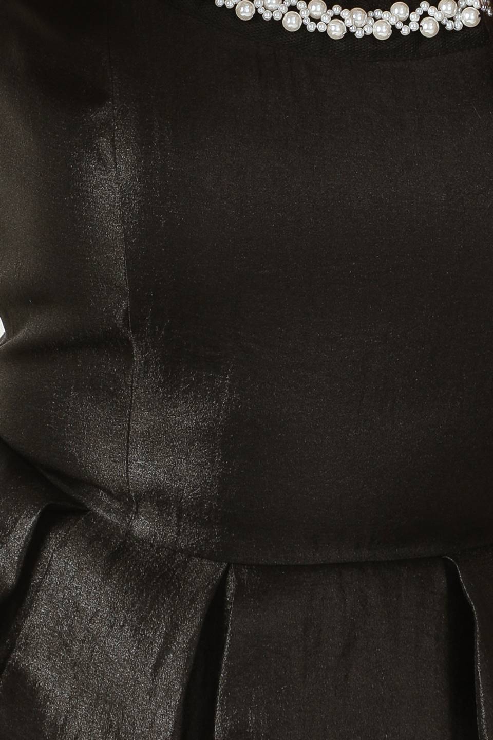 PEARL TRIM BLACK SATIN MIDI DRESS