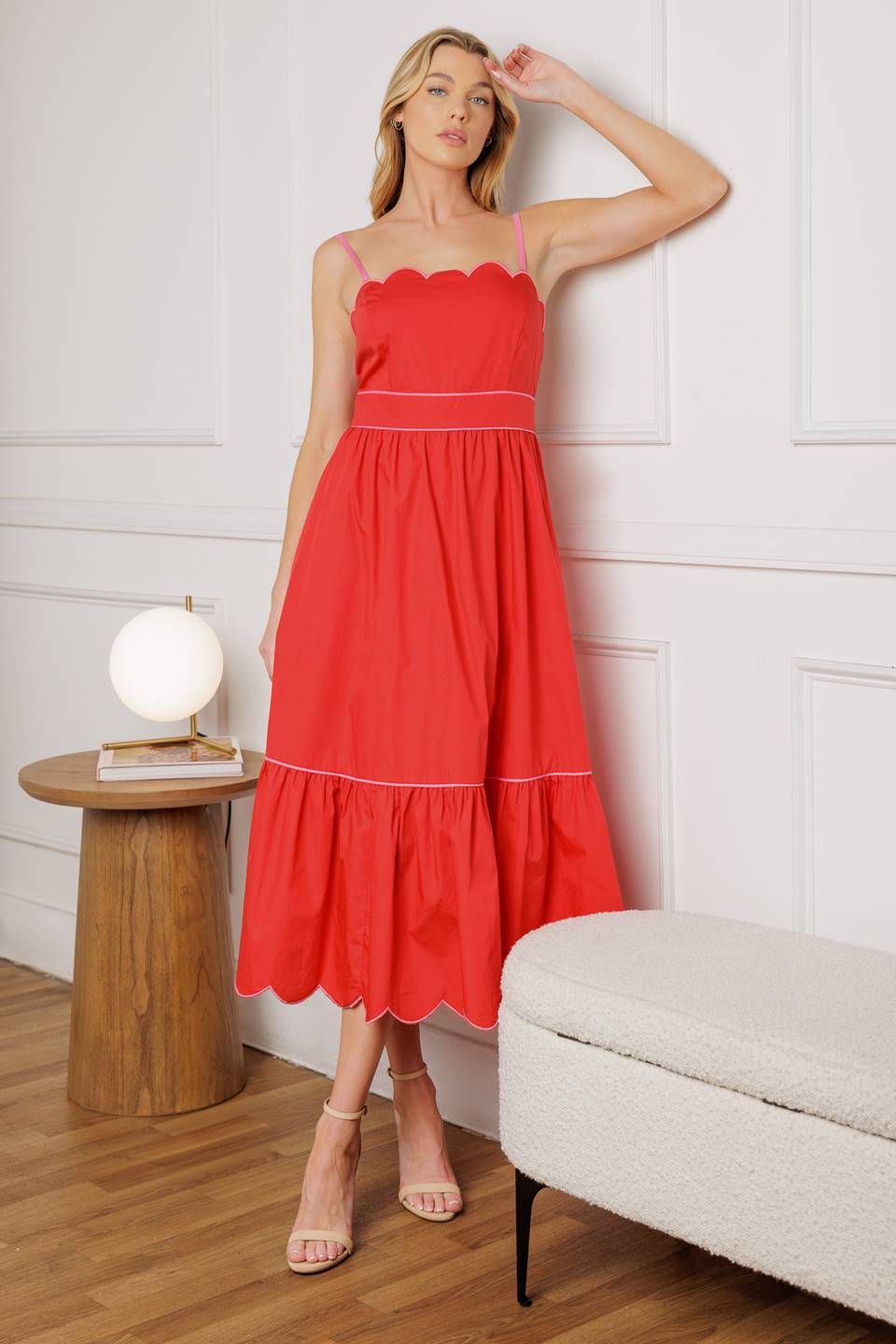 Size Medium, SWEET DREAMS - RED & PINK - SCALLOPED EDGE MIDI DRESS - FINAL SALE