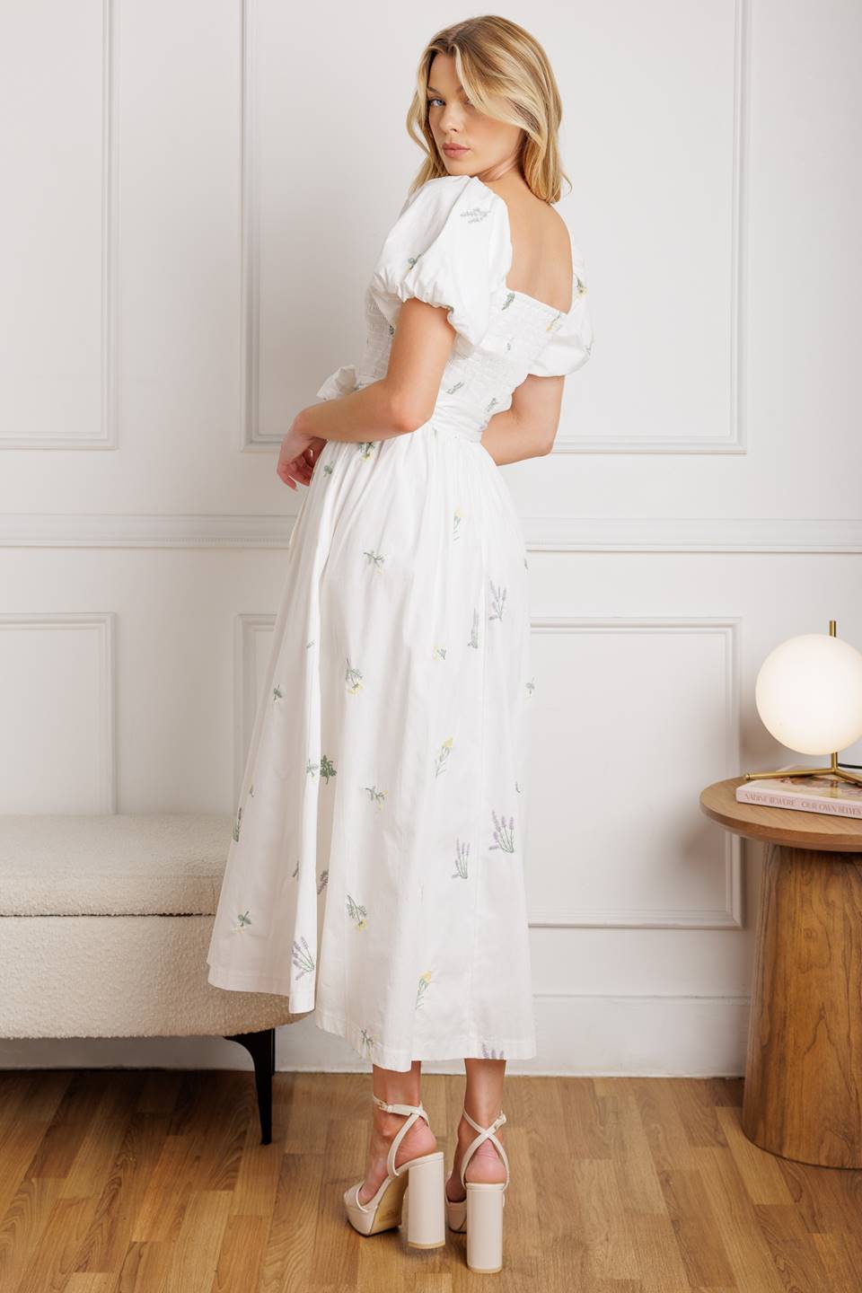 PETITE FLOWERS EMBROIDERED MIDI DRESS