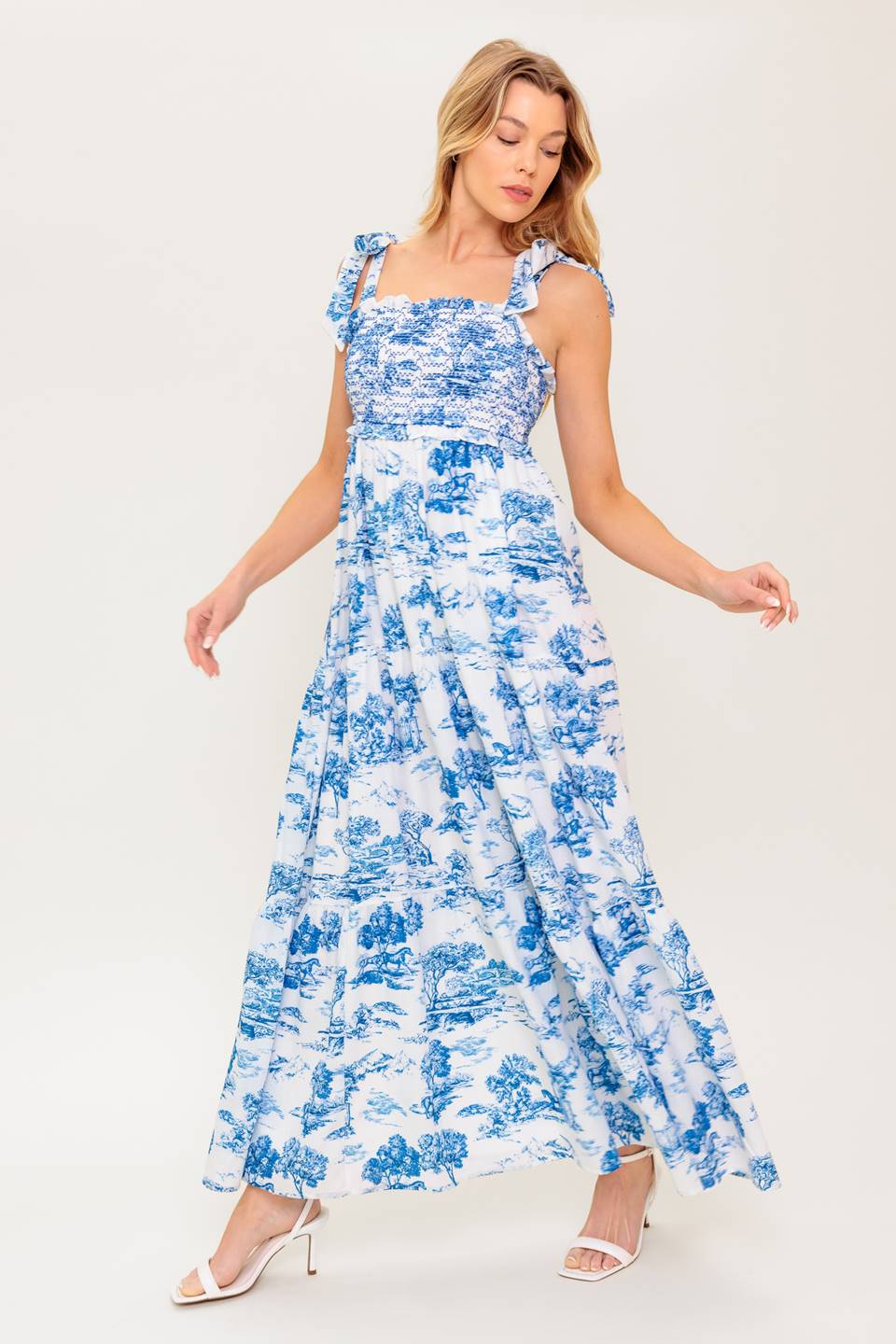 ROBE MIDI À ROME - TOILE BLEUE ET BLANCHE