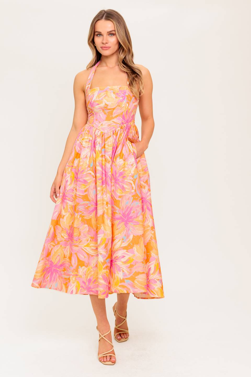 MORNING SUN HALTER TIE MIDI DRESS - CORAL