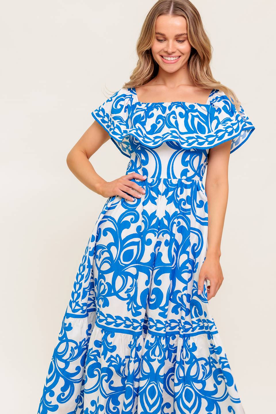 SERENADE MIDI DRESS - PRINTED OFF SHOULDER COTTON DRESS