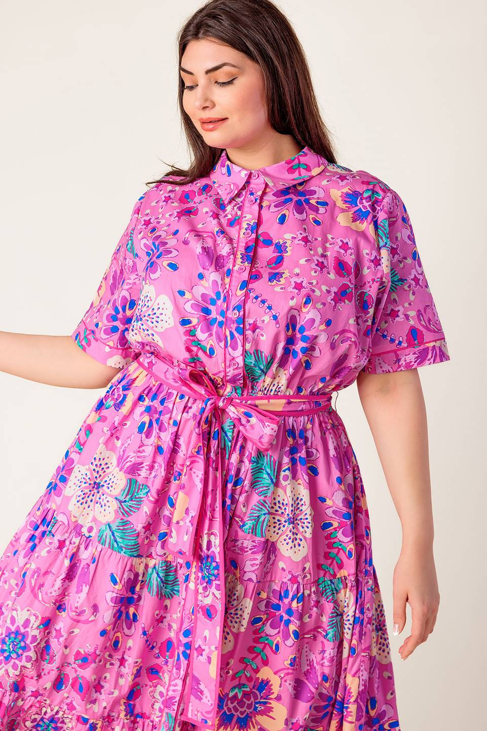 Size Medium, PETAL PRESS - PINK & PURPLE FLORAL MIDI DRESS - FINAL SALE