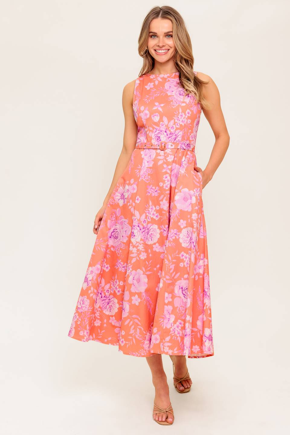 COASTLINE STROLL MIDI DRESS WITH POCKETS - CORAL