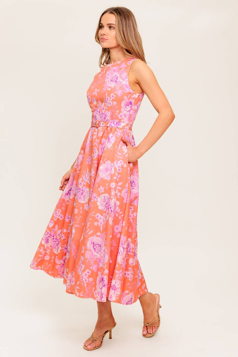 COASTLINE STROLL MIDI DRESS WITH POCKETS - CORAL