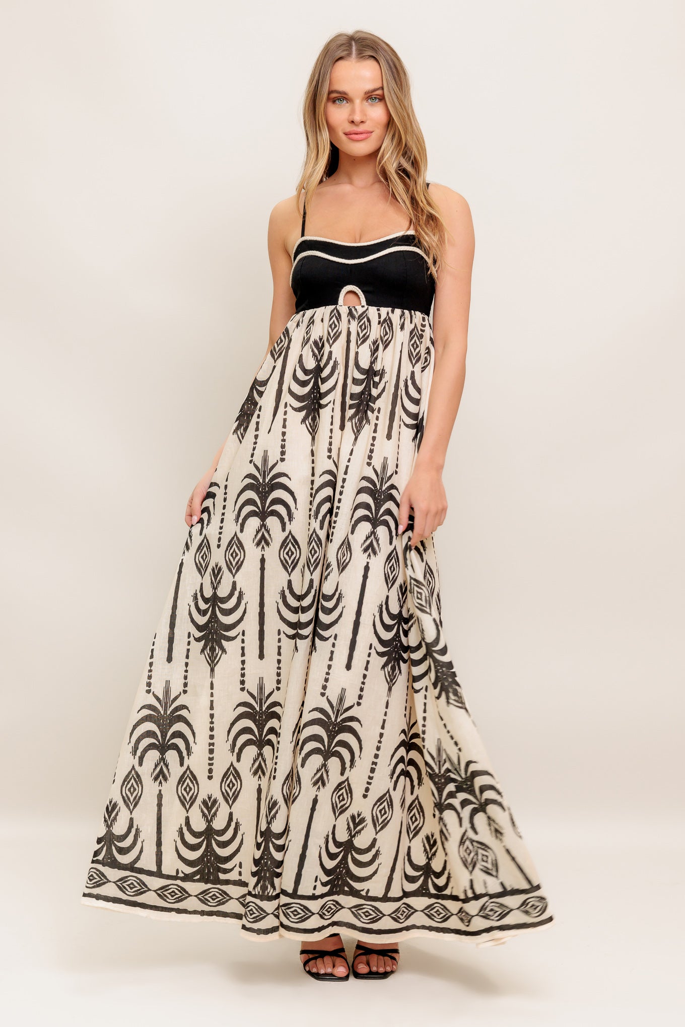 Size Small, PALM PARADISE MAXI DRESS - TAUPE & BLACK - FINAL SALE