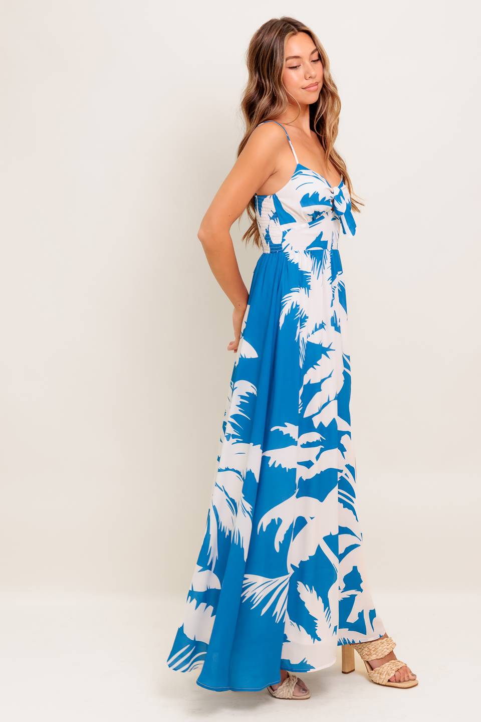 KAIA BLUE PALM PRINT MAXI DRESS