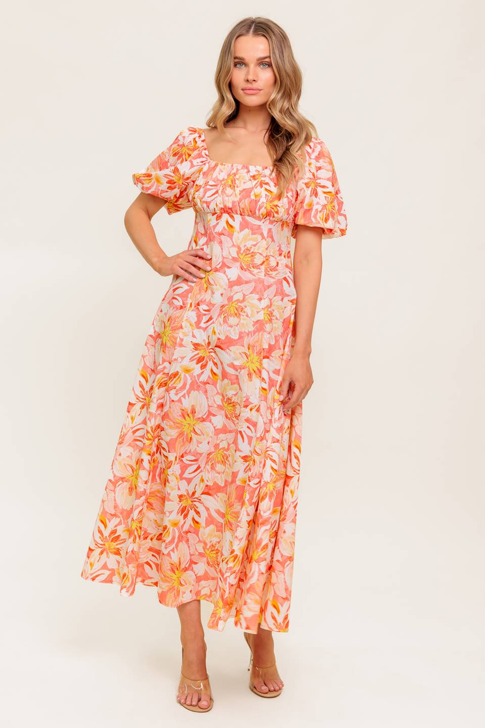 ISLAND FLOWERS PUFF SLEEVE MIDI DRESS - CORAL