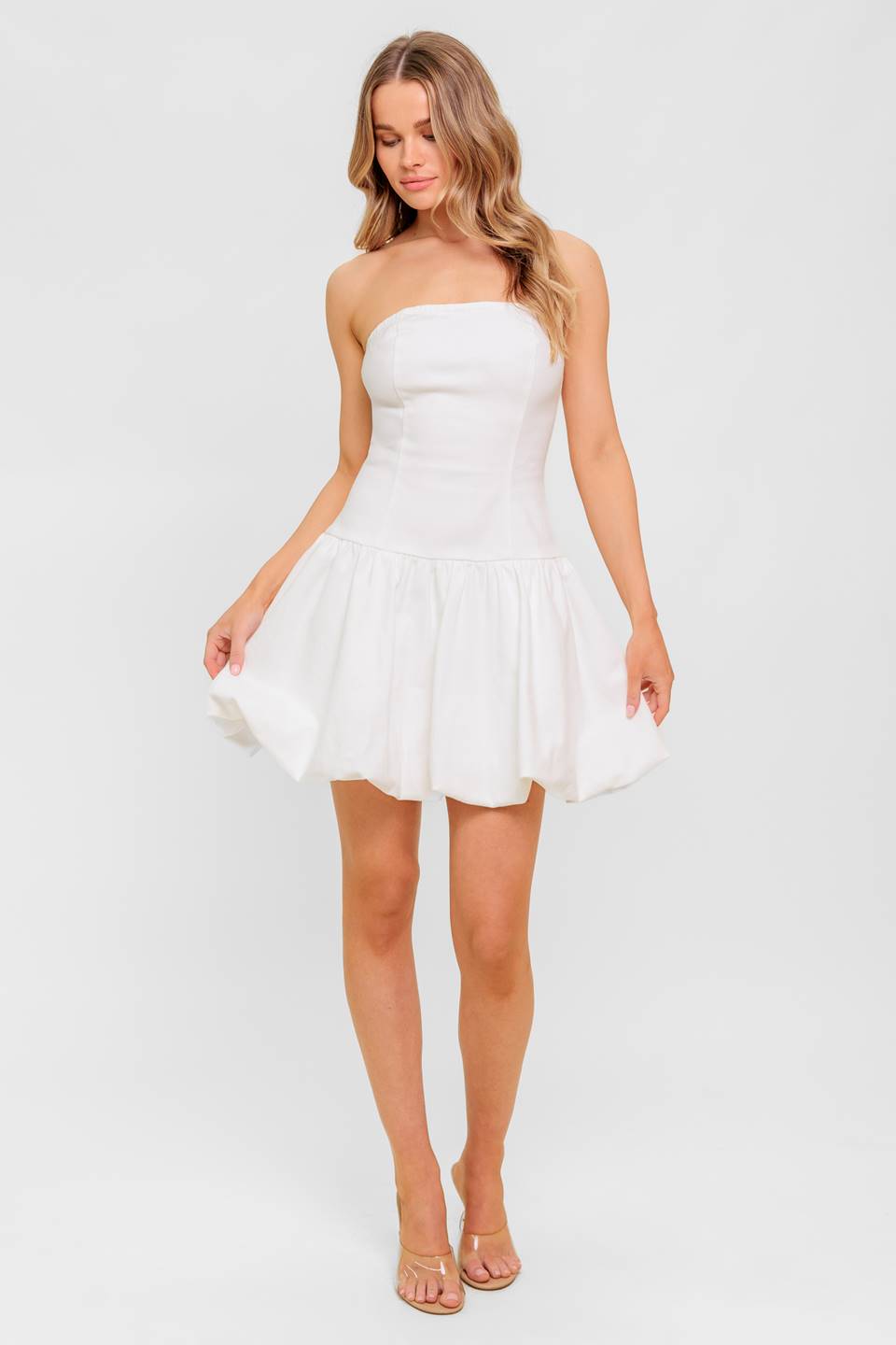 TWILIGHT WISH - WHITE DENIM BUBBLE HEM MINI DRESS
