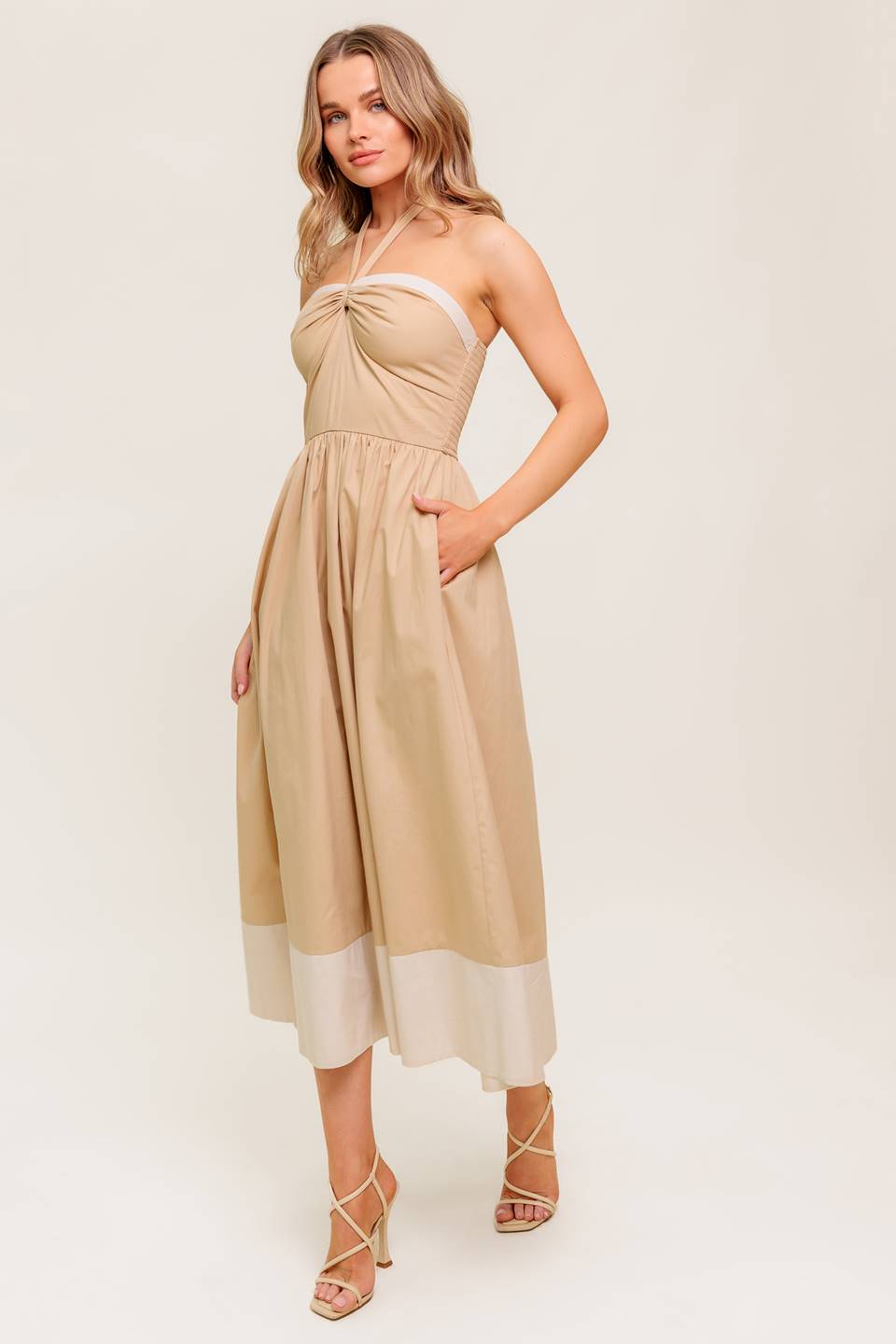 HYDRANGEA HAZE - HALTER MIDI DRESS - TAUPE